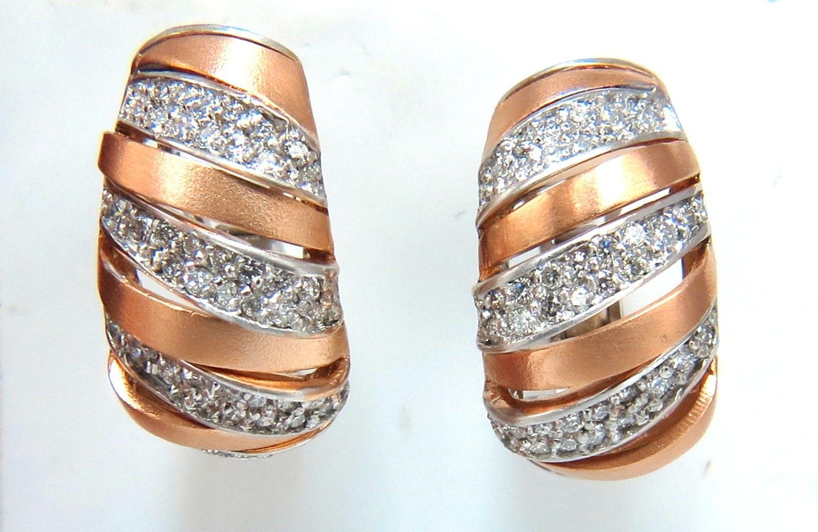 Round Cut 1.00 Carat Natural Diamonds Hoop Earrings Slant Striped 14 Karat For Sale