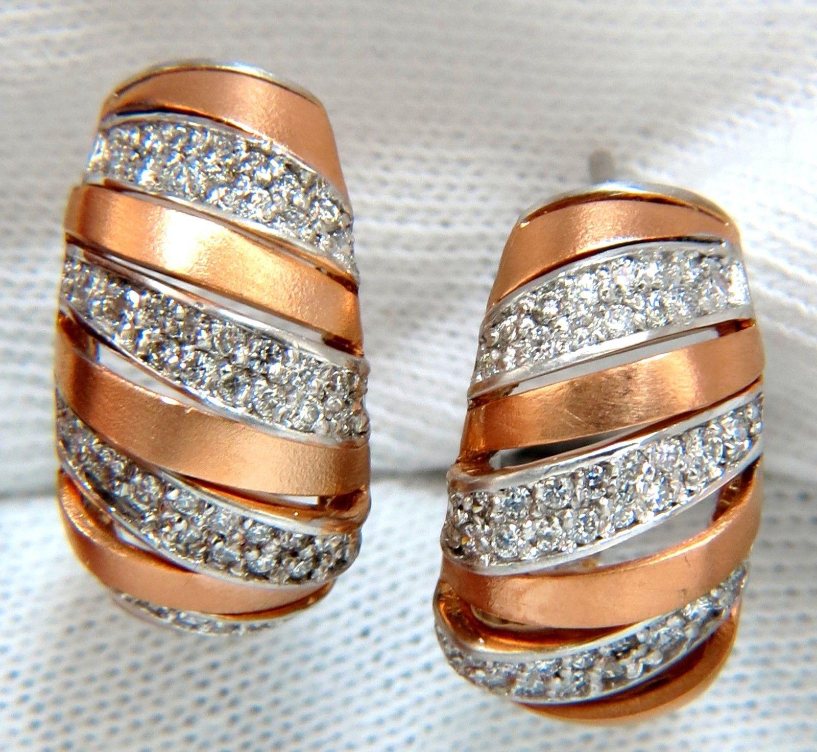 Women's or Men's 1.00 Carat Natural Diamonds Hoop Earrings Slant Striped 14 Karat For Sale