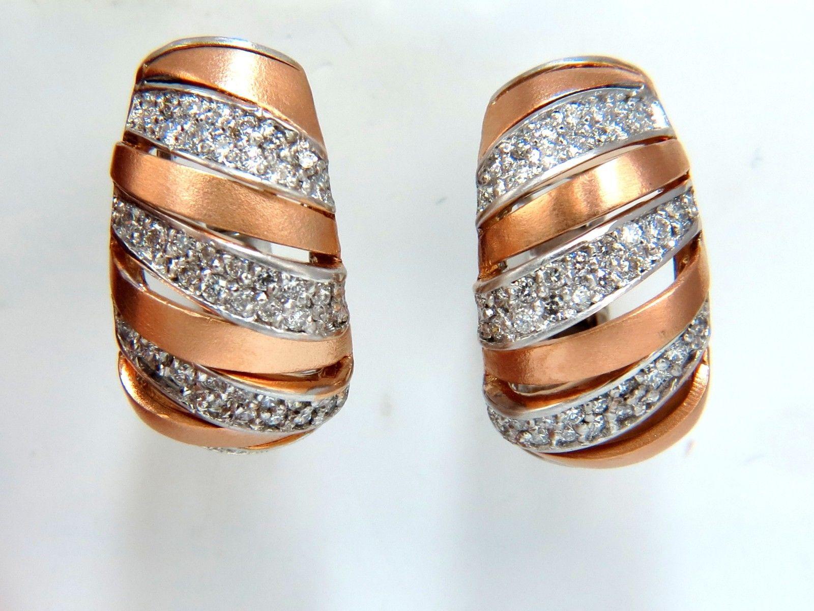 1.00 Carat Natural Diamonds Hoop Earrings Slant Striped 14 Karat For Sale 1