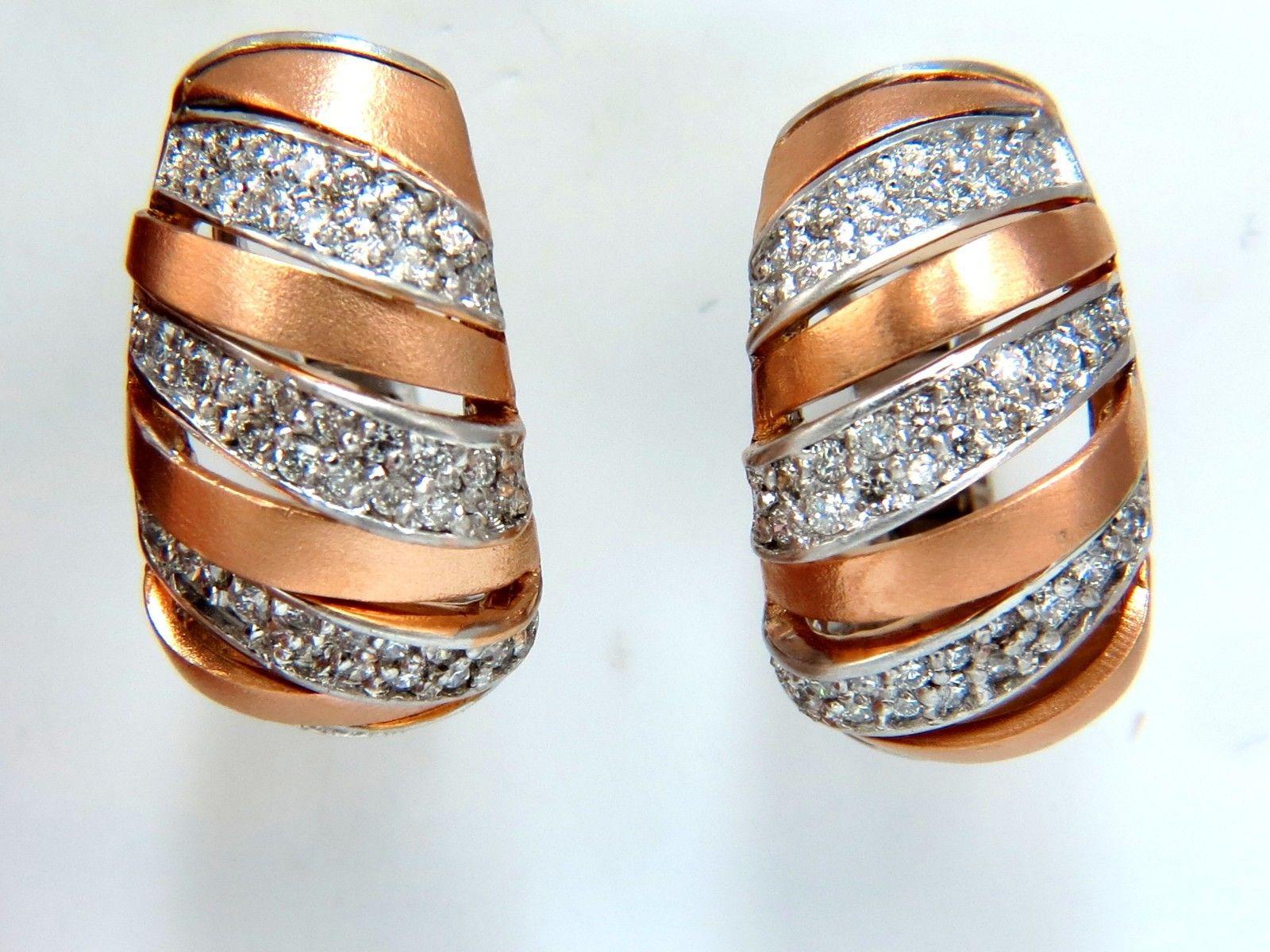 1.00 Carat Natural Diamonds Hoop Earrings Slant Striped 14 Karat For Sale 2
