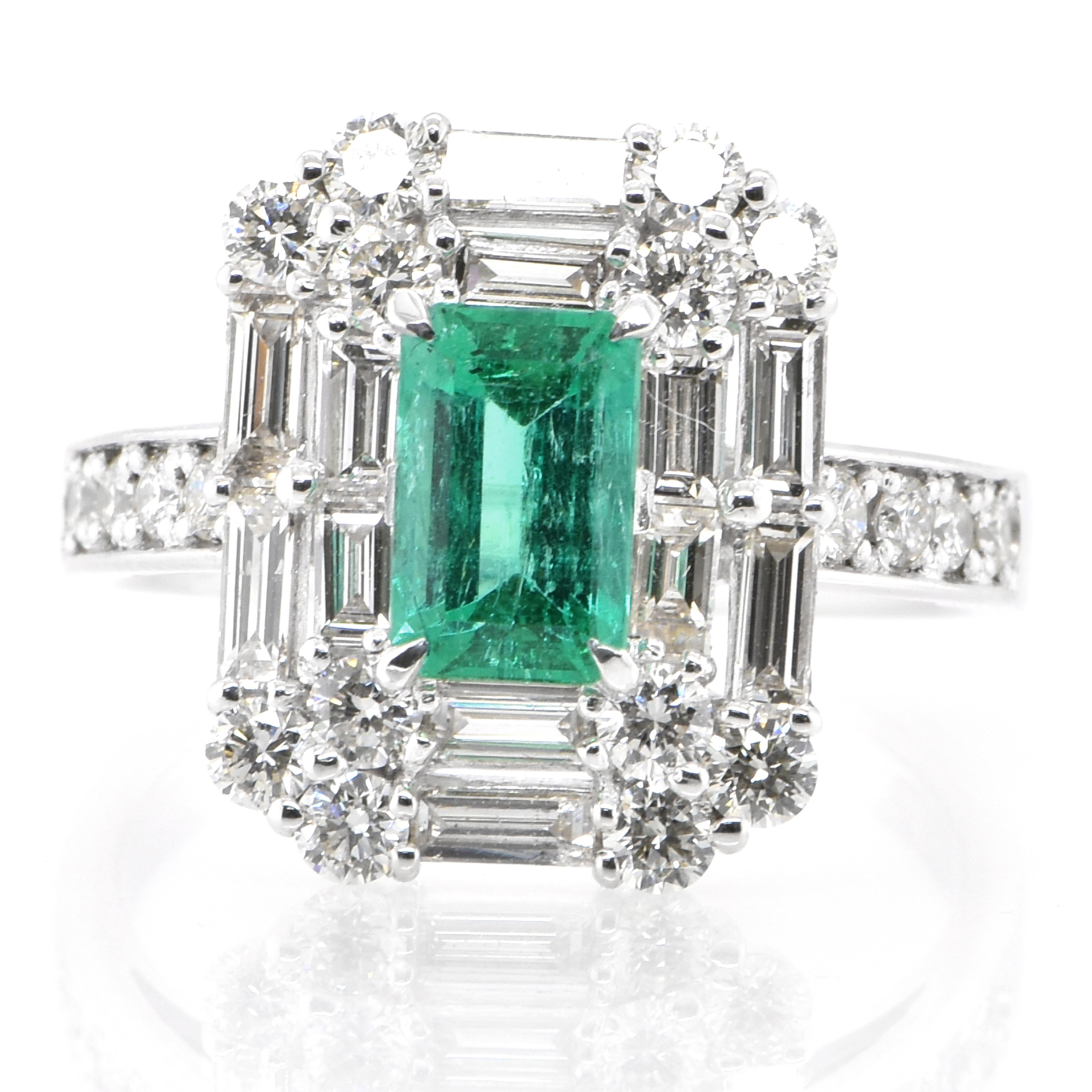 A stunning ring featuring a 1.00 Carat Natural Emerald and 1.43 Carats of Diamond Accents set in Platinum. People have admired emerald’s green for thousands of years. Emeralds have always been associated with the lushest landscapes and the richest