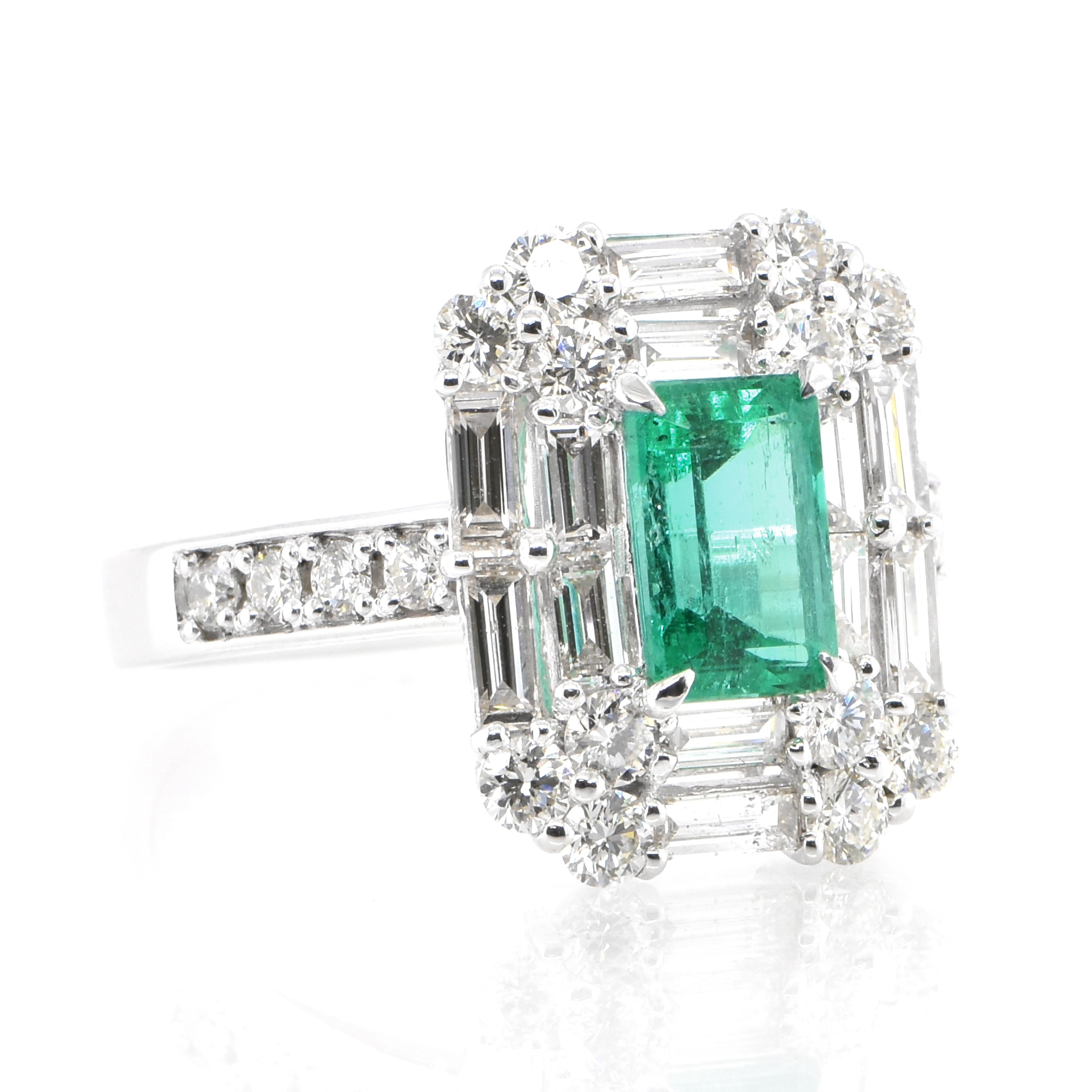 Modern 1.00 Carat Natural Emerald and Diamond Halo Cocktail Ring Set in Platinum
