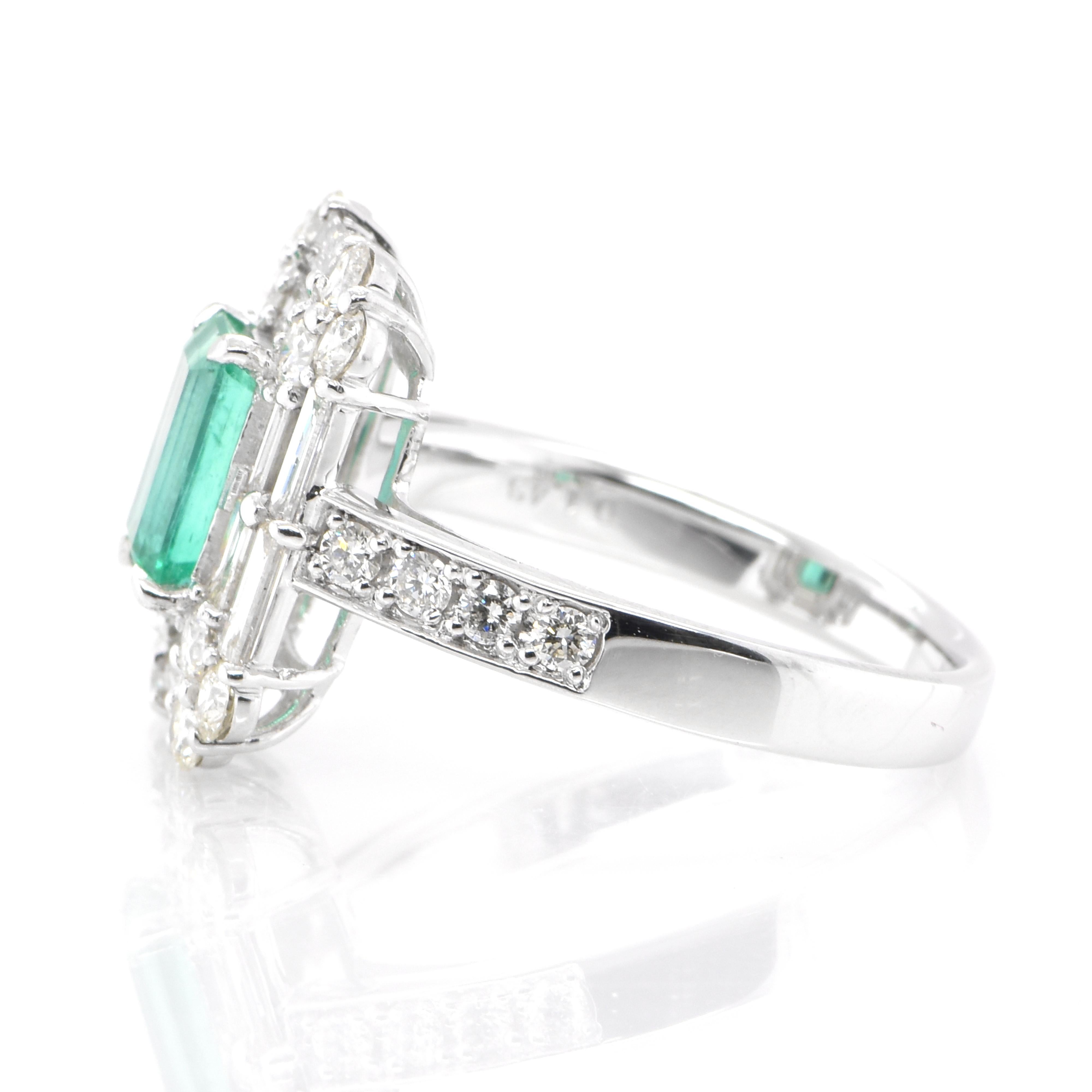 Emerald Cut 1.00 Carat Natural Emerald and Diamond Halo Cocktail Ring Set in Platinum