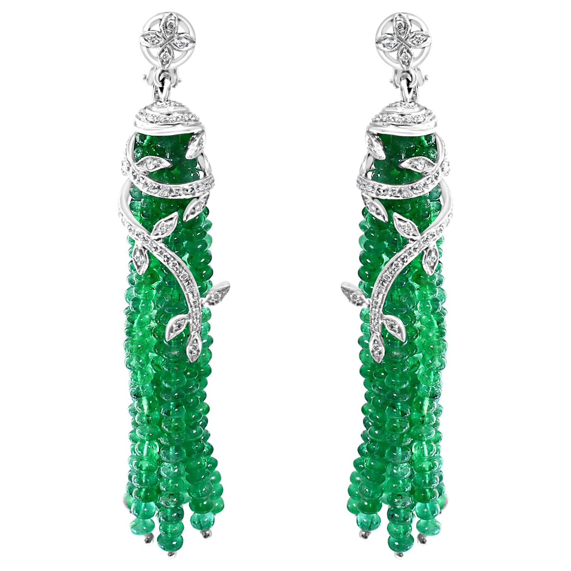 100 Carat Natural Emerald Beads & Diamond Dangle/Drop Earrings 18 Kt White Gold