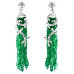 100 Carat Natural Emerald Beads & Diamond Dangle/Drop Earrings 18 Kt White Gold