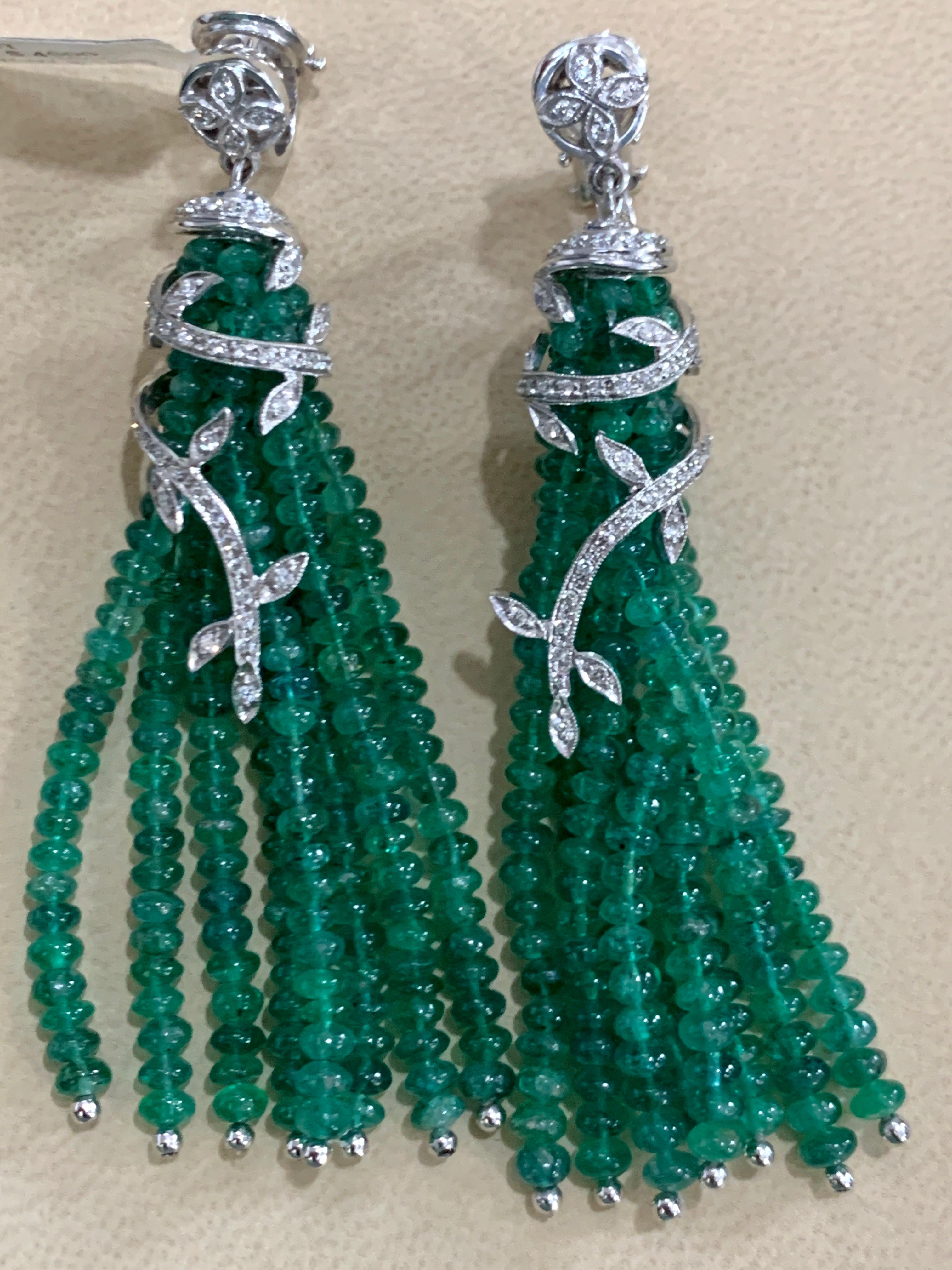 100 Carat Natural Emerald Beads & Diamond Dangle/Drop Earrings 18 Kt White Gold 5
