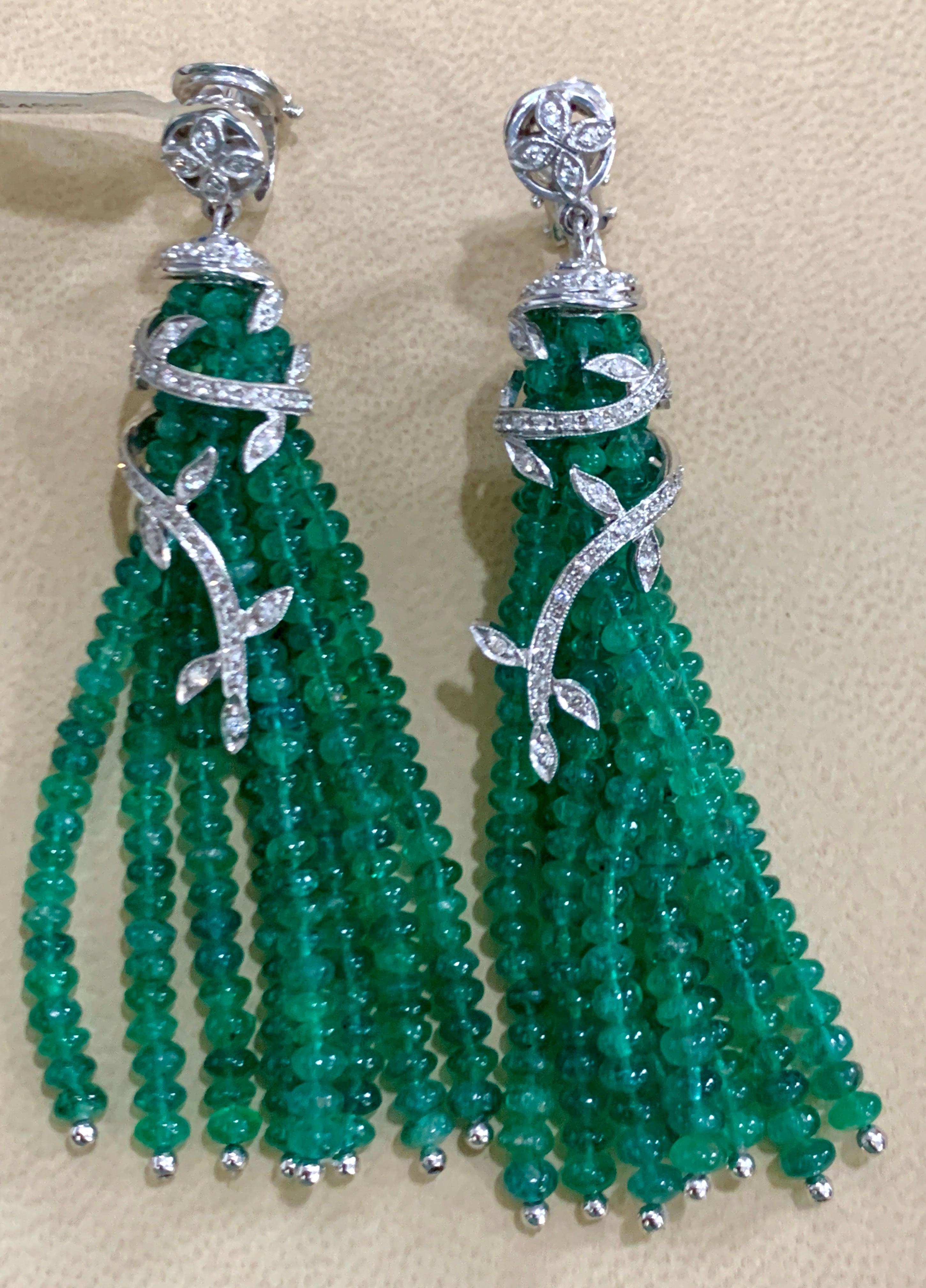 100 Carat Natural Emerald Beads & Diamond Dangle/Drop Earrings 18 Kt White Gold 6