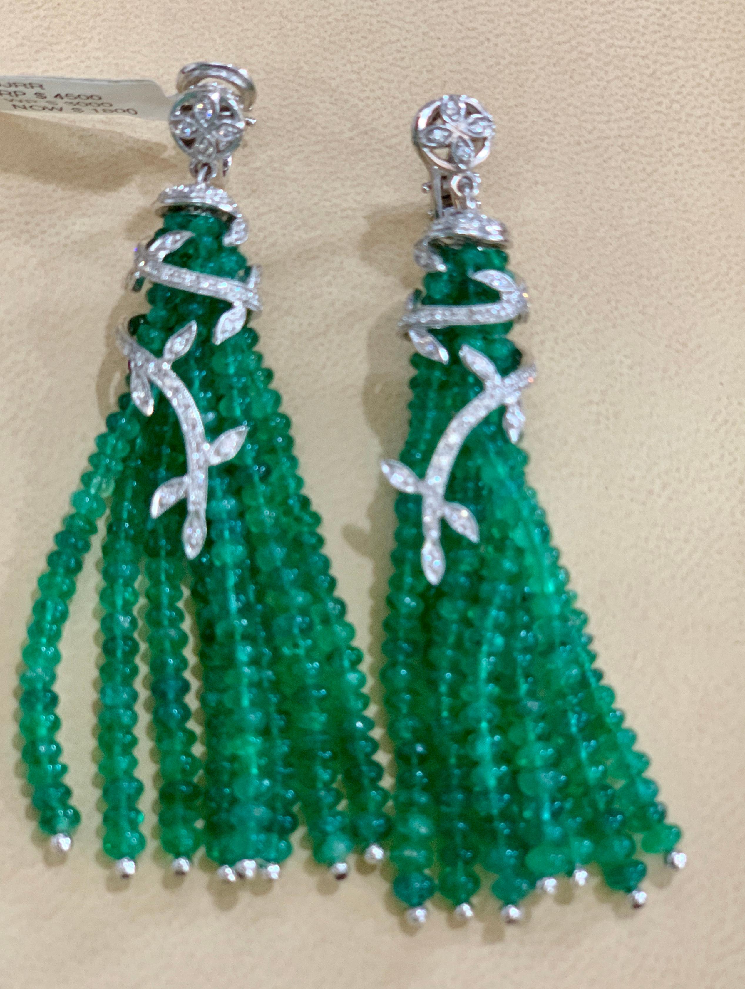 100 Carat Natural Emerald Beads & Diamond Dangle/Drop Earrings 18 Kt White Gold 7