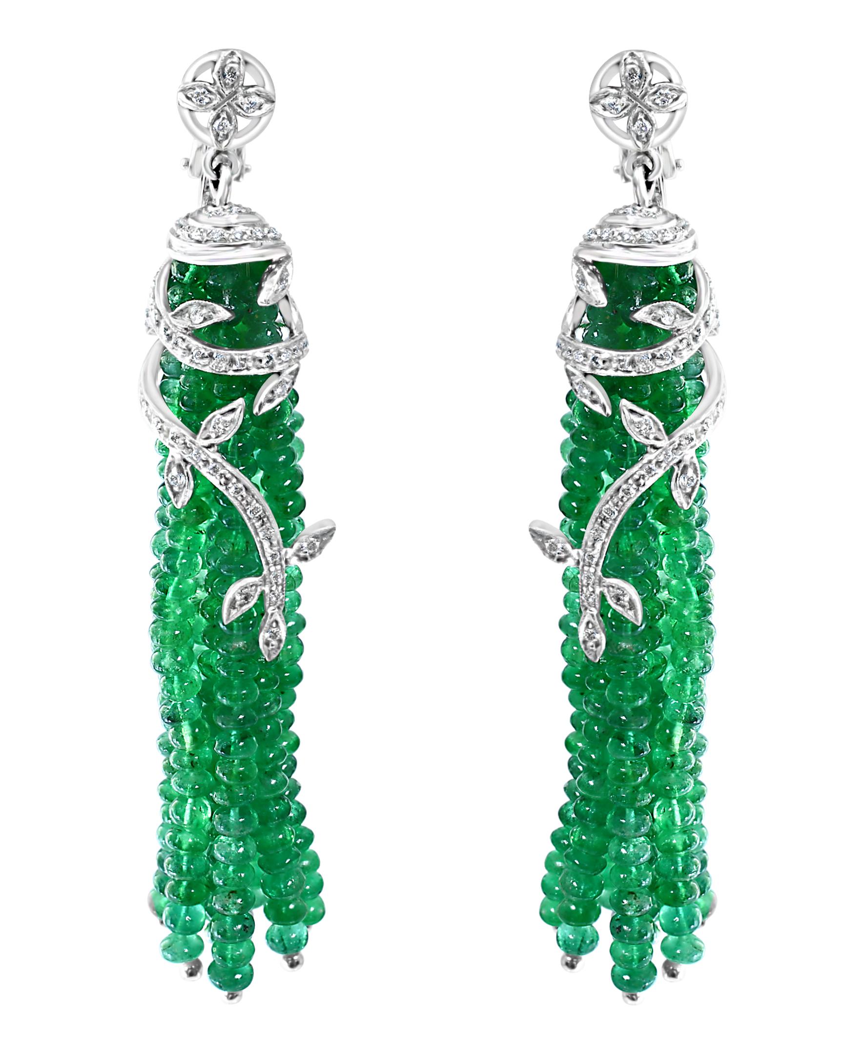100 Carat Natural Emerald Beads & Diamond Dangle/Drop Earrings 18 Kt White Gold 8