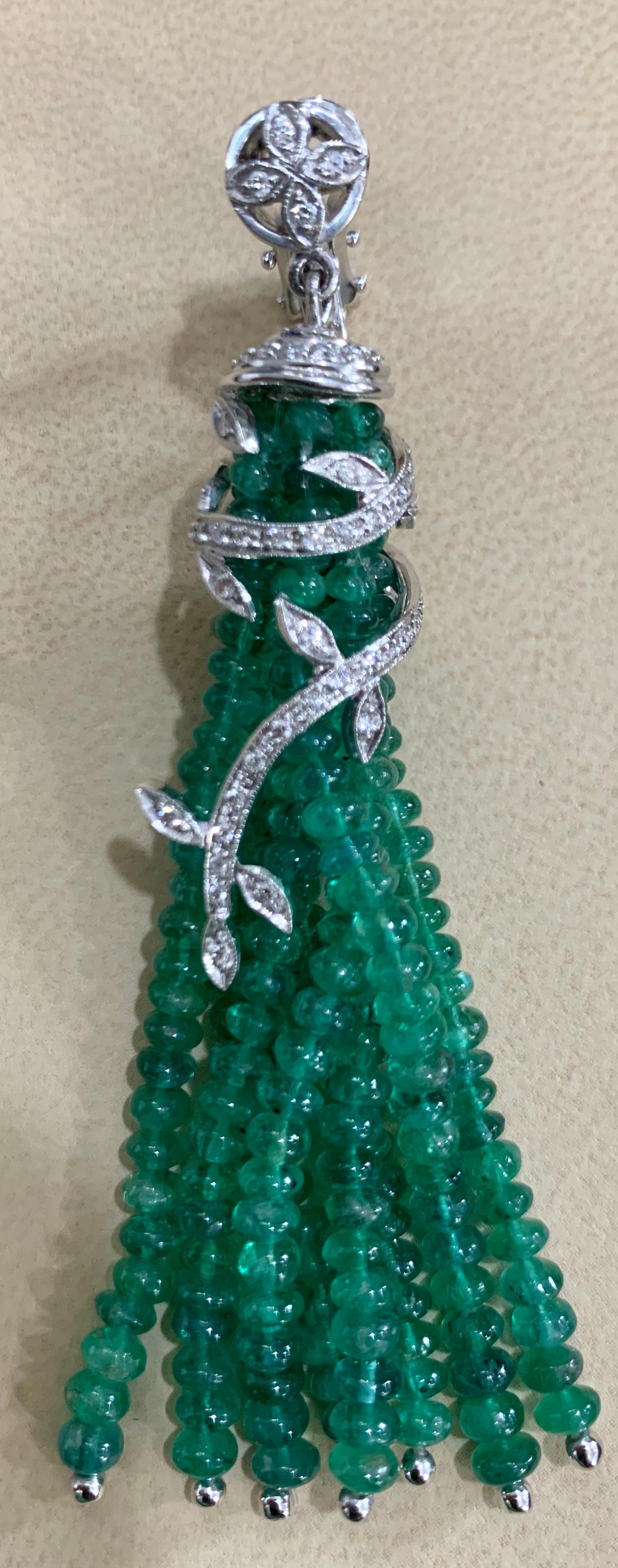 100 Carat Natural Emerald Beads & Diamond Dangle/Drop Earrings 18 Kt White Gold In Excellent Condition In New York, NY