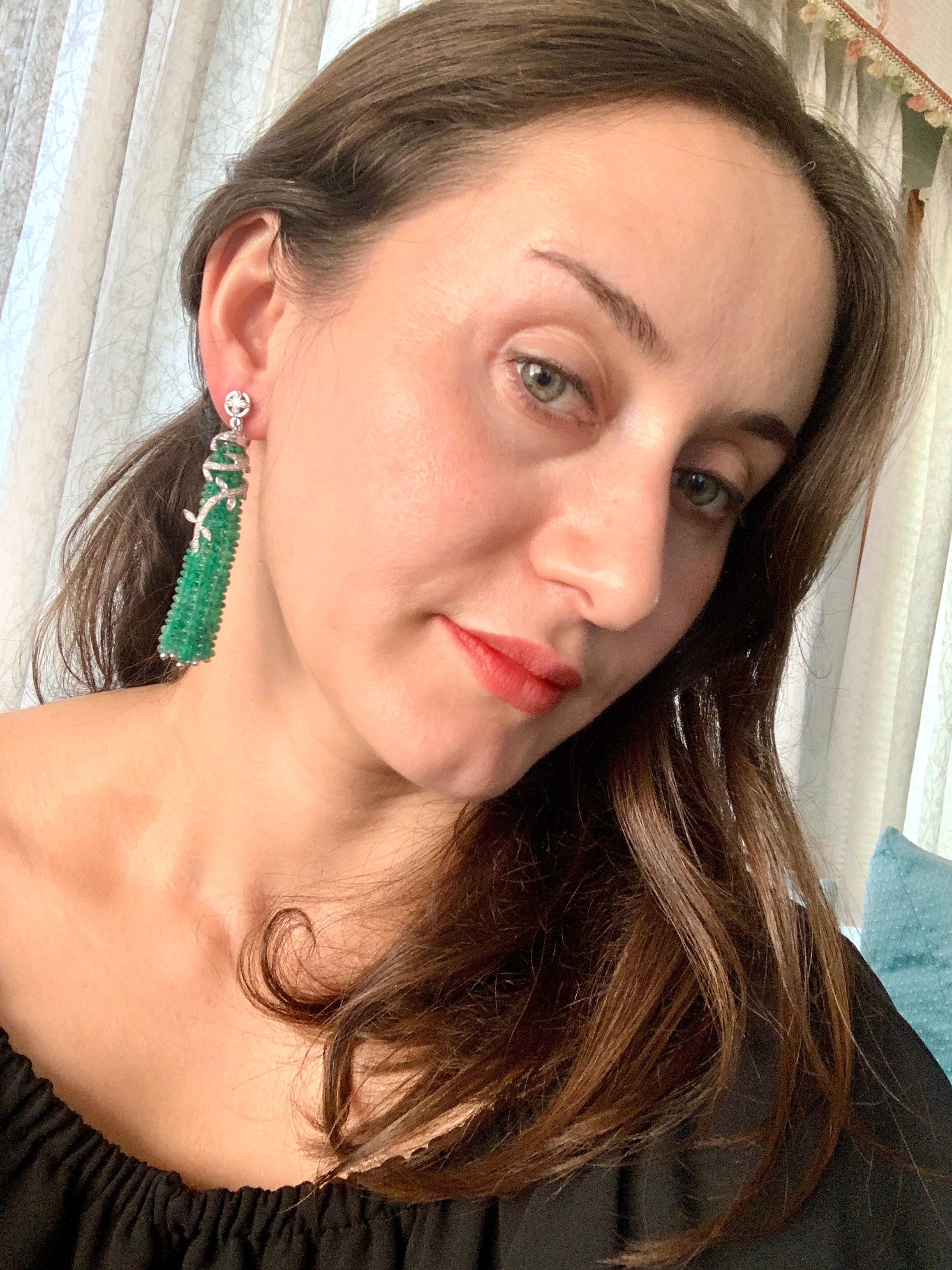 Women's 100 Carat Natural Emerald Beads & Diamond Dangle/Drop Earrings 18 Kt White Gold