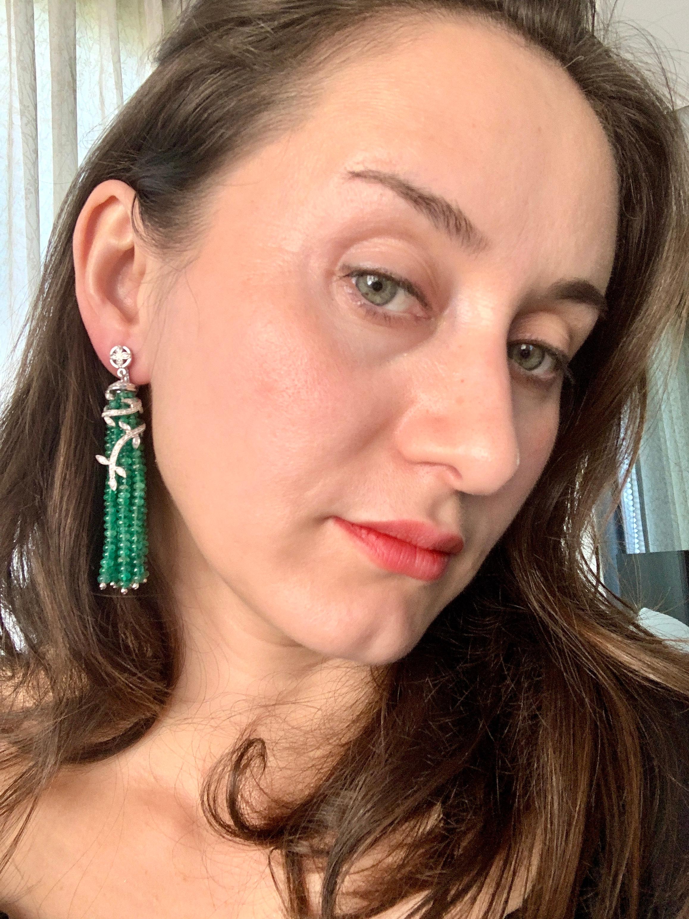 100 Carat Natural Emerald Beads & Diamond Dangle/Drop Earrings 18 Kt White Gold 1