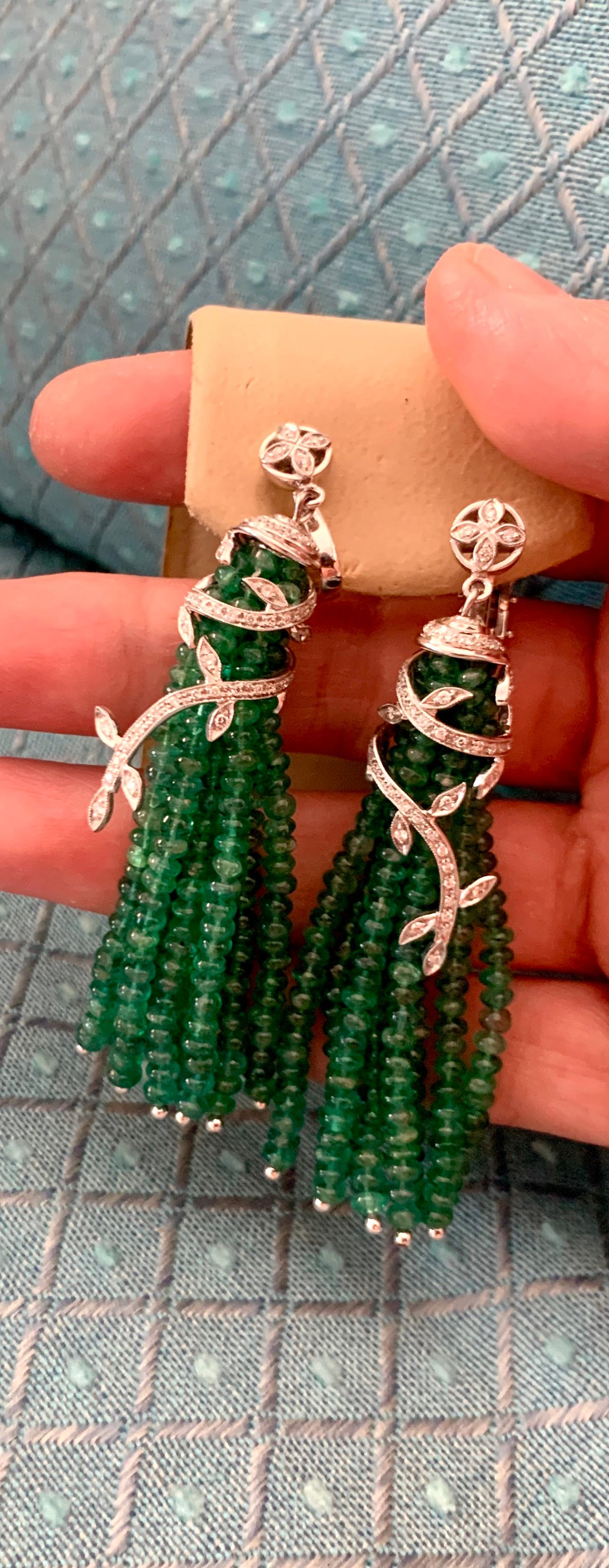 100 Carat Natural Emerald Beads & Diamond Dangle/Drop Earrings 18 Kt White Gold 2