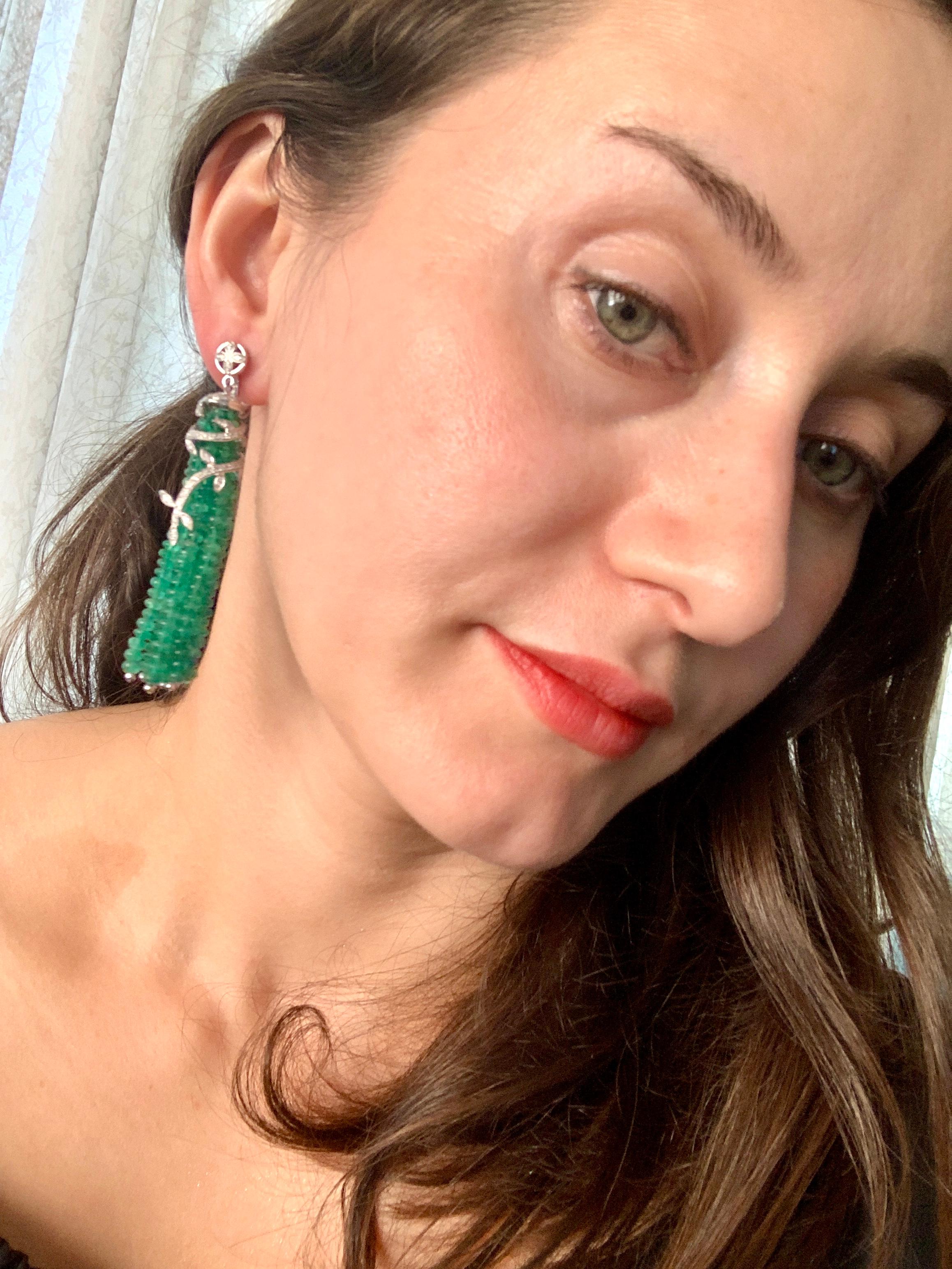 100 Carat Natural Emerald Beads & Diamond Dangle/Drop Earrings 18 Kt White Gold 3