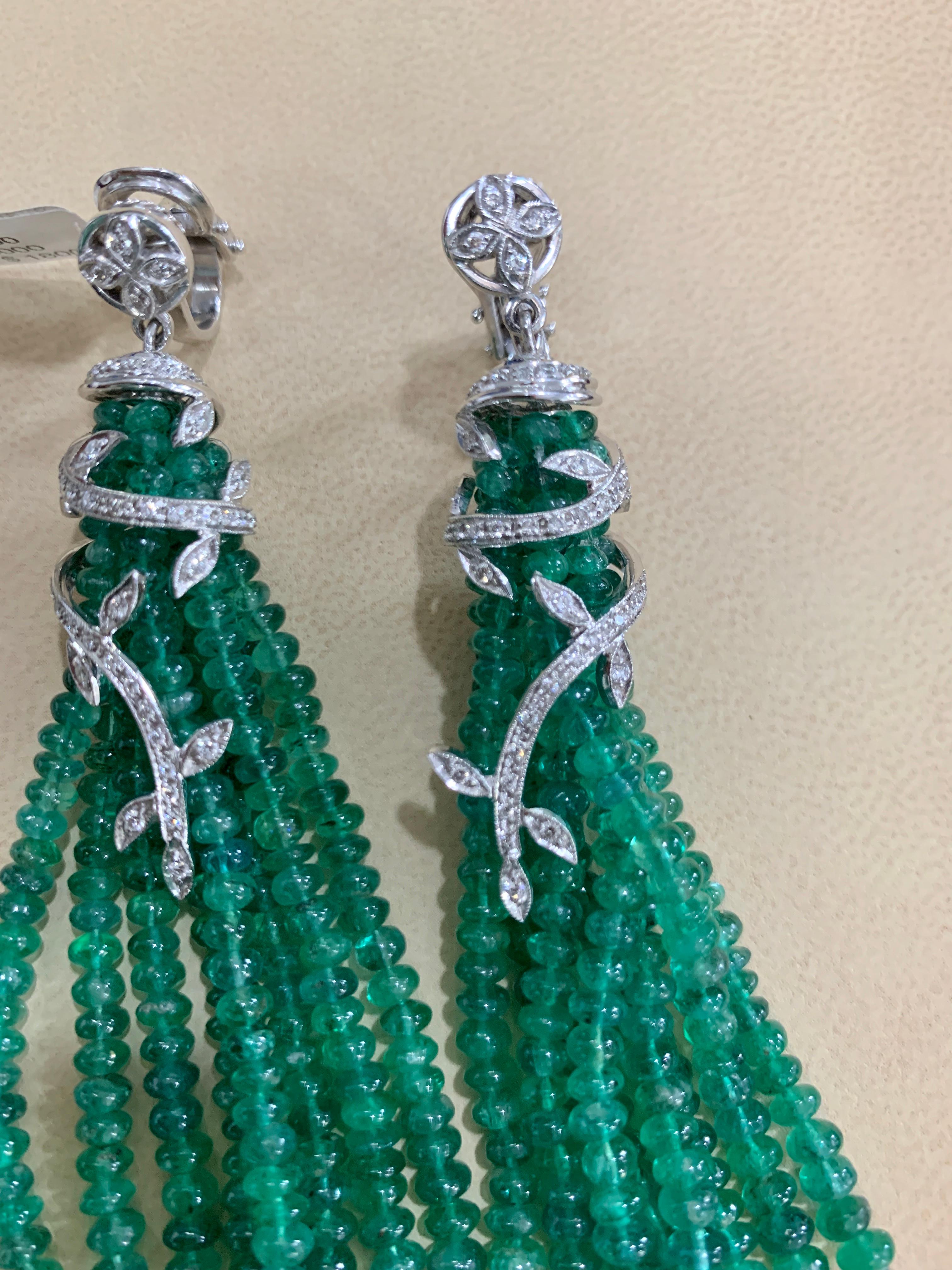 100 Carat Natural Emerald Beads & Diamond Dangle/Drop Earrings 18 Kt White Gold 4