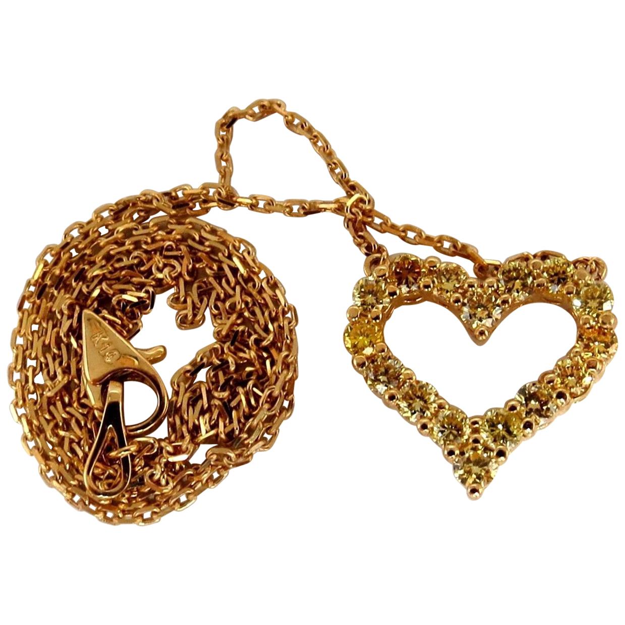 1.00 Carat Natural Fancy Yellow Diamonds Open Heart Necklace 14 Karat
