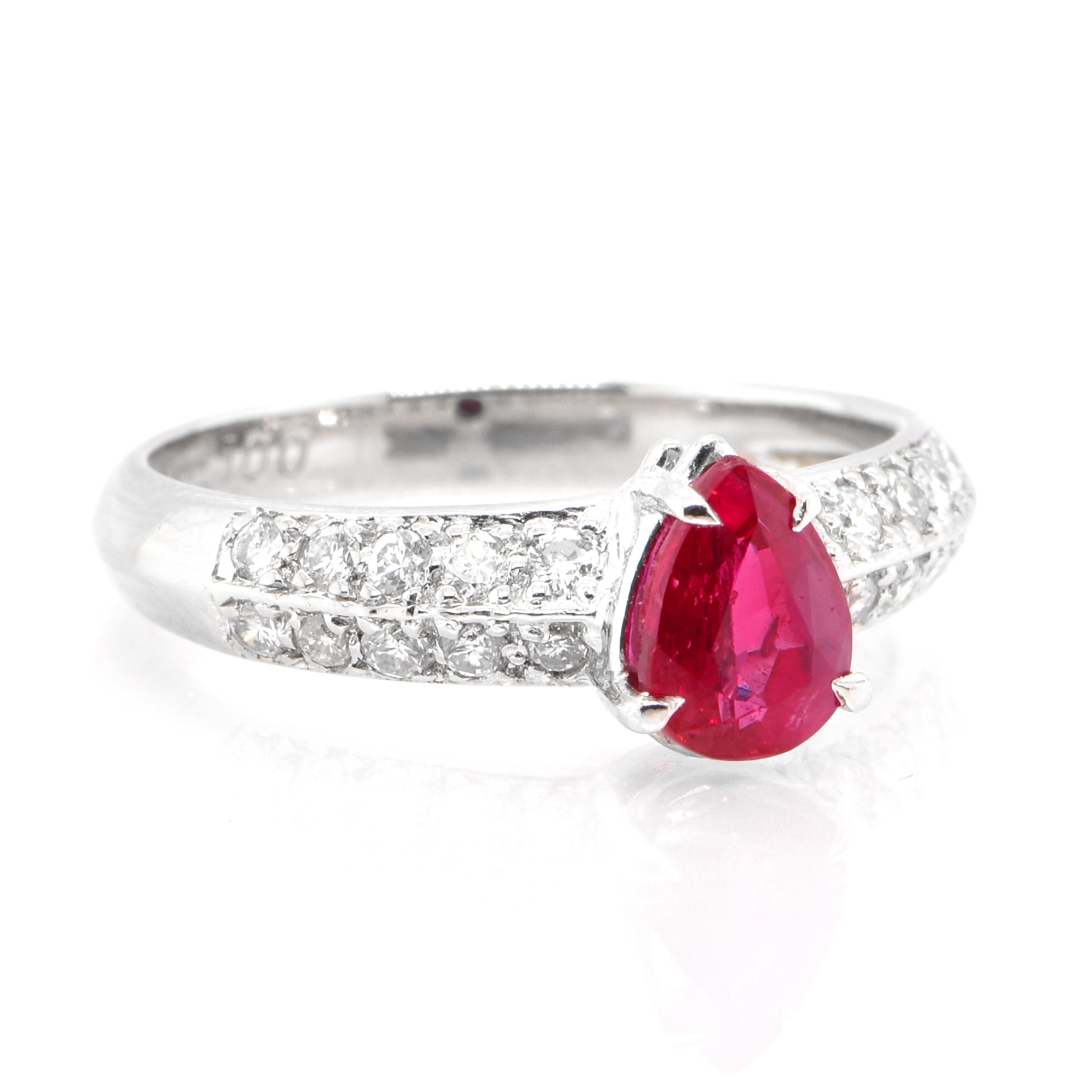 Modern 1.00 Carat Natural Pear Cut Ruby and Diamond Ring Set in Platinum For Sale