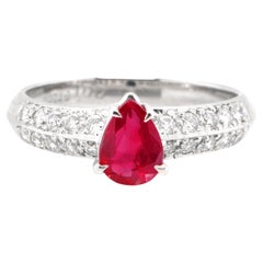 1.00 Carat Natural Pear Cut Ruby and Diamond Ring Set in Platinum