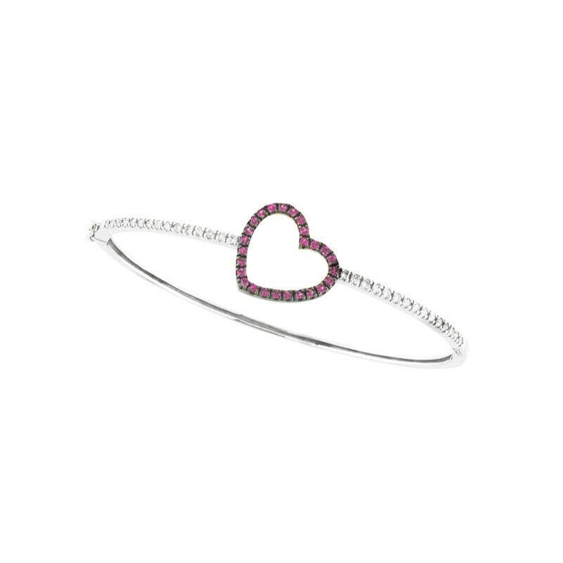 Contemporary 1.00 Carat Natural Pink Sapphire & Diamond Heart Bangle Bracelet 14K White Gold For Sale