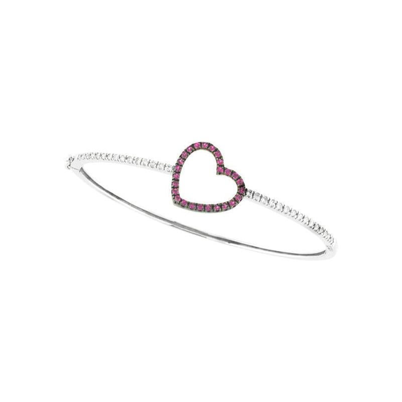 1.00 Carat Natural Pink Sapphire & Diamond Heart Bangle Bracelet 14K White Gold For Sale