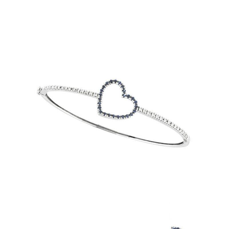 Contemporary 1.00 Carat Natural Sapphire and Diamond Heart Bangle Bracelet 14k White Gold For Sale