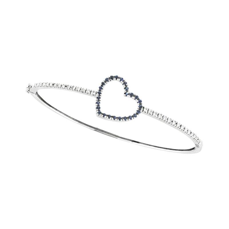 1.00 Carat Natural Sapphire and Diamond Heart Bangle Bracelet 14k White Gold
