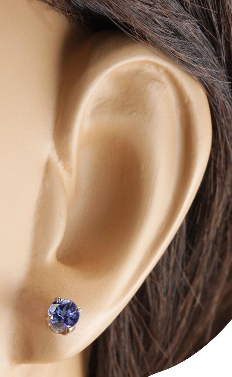 Round Cut Tanzanite Stud Earrings In 14 Karat White Gold For Sale