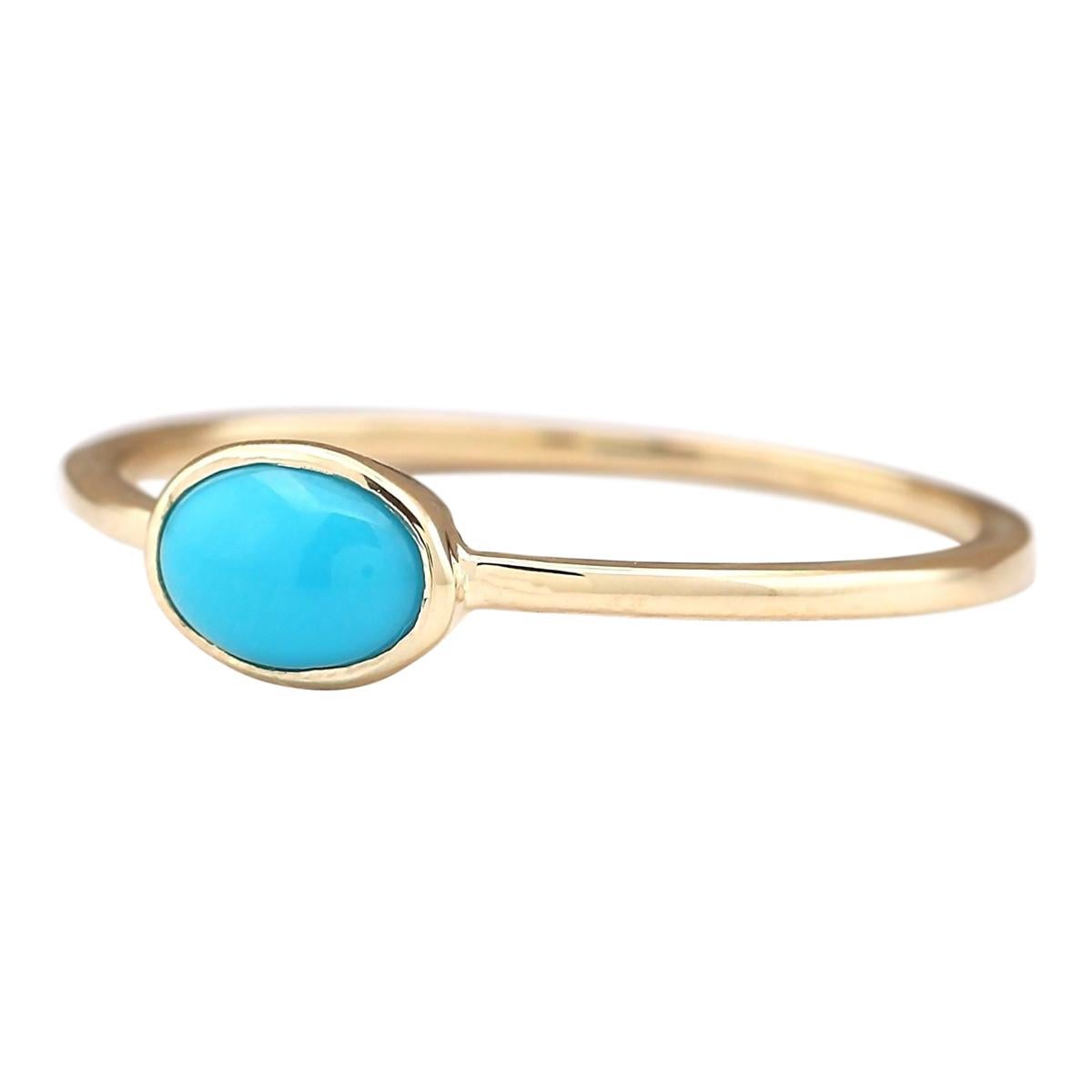 Introducing our exquisite 14 Karat Yellow Gold Ring featuring a stunning 0.50 Carat Natural Turquoise centerpiece. Stamped for authenticity, this ring weighs a mere 1.0 gram, ensuring comfort and wearability. The natural turquoise gemstone, weighing