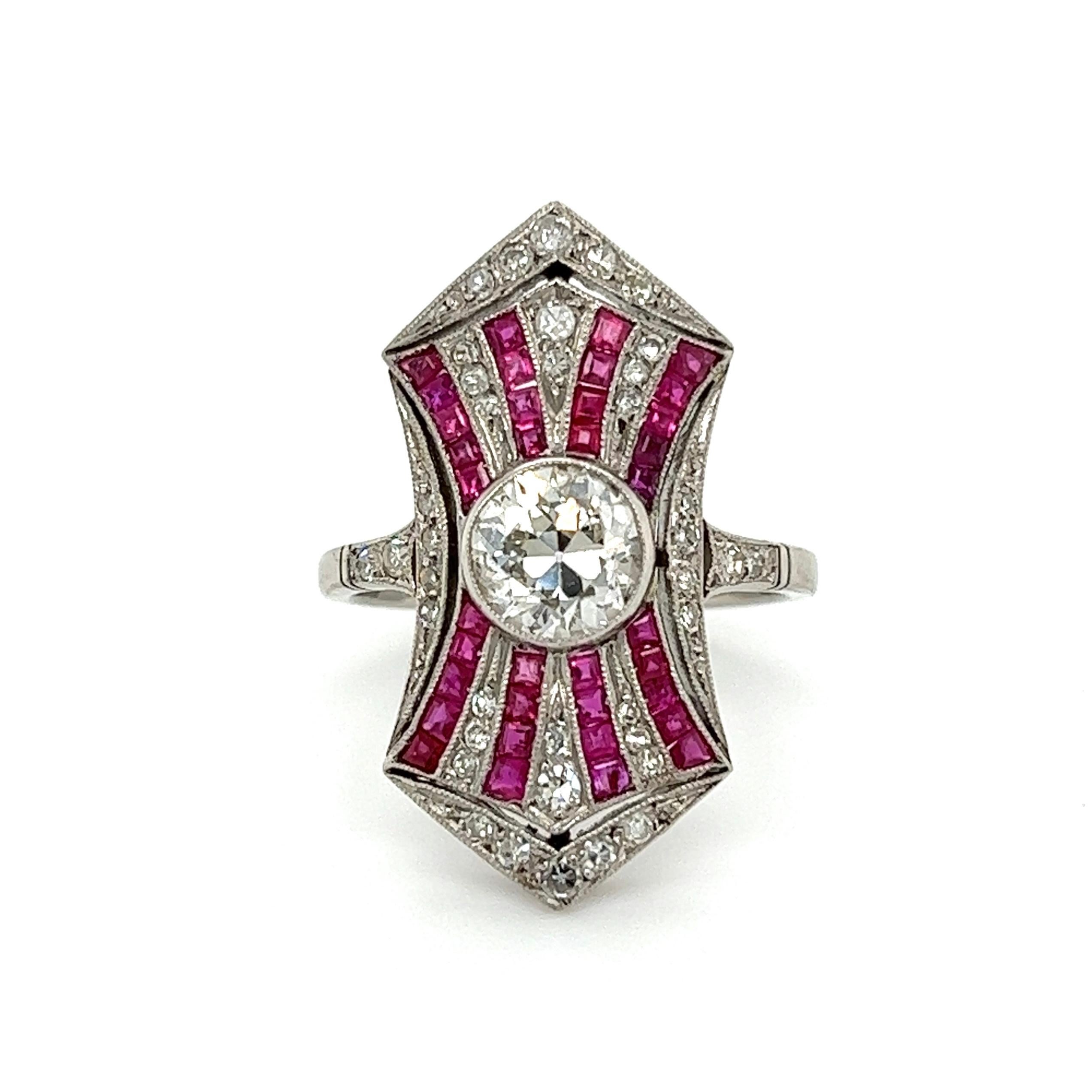 1.00 Carat OEC Diamond Ruby and Diamond Art Deco Revival Platinum Ring Estate In Excellent Condition For Sale In Montreal, QC