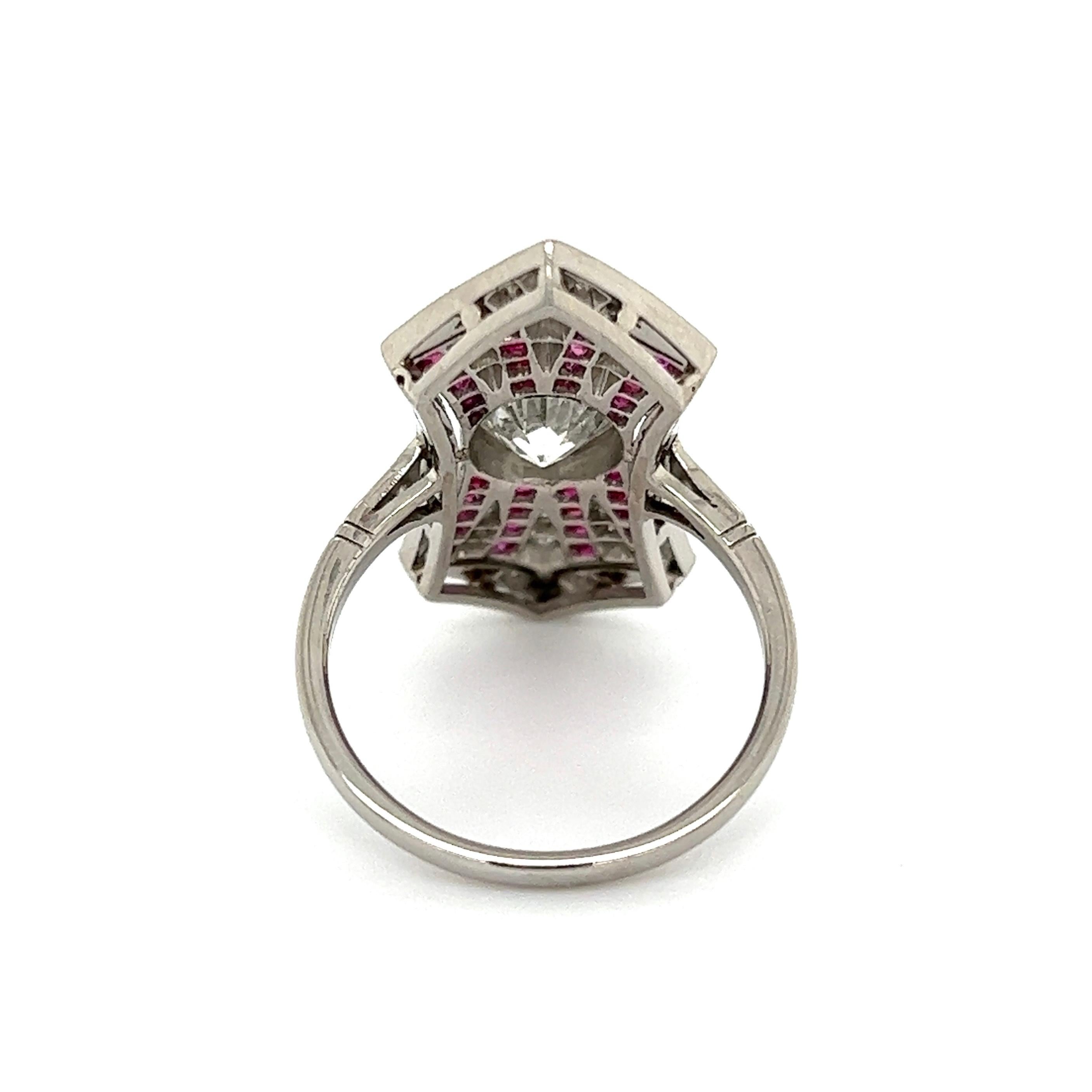 Women's 1.00 Carat OEC Diamond Ruby and Diamond Art Deco Revival Platinum Ring Estate For Sale