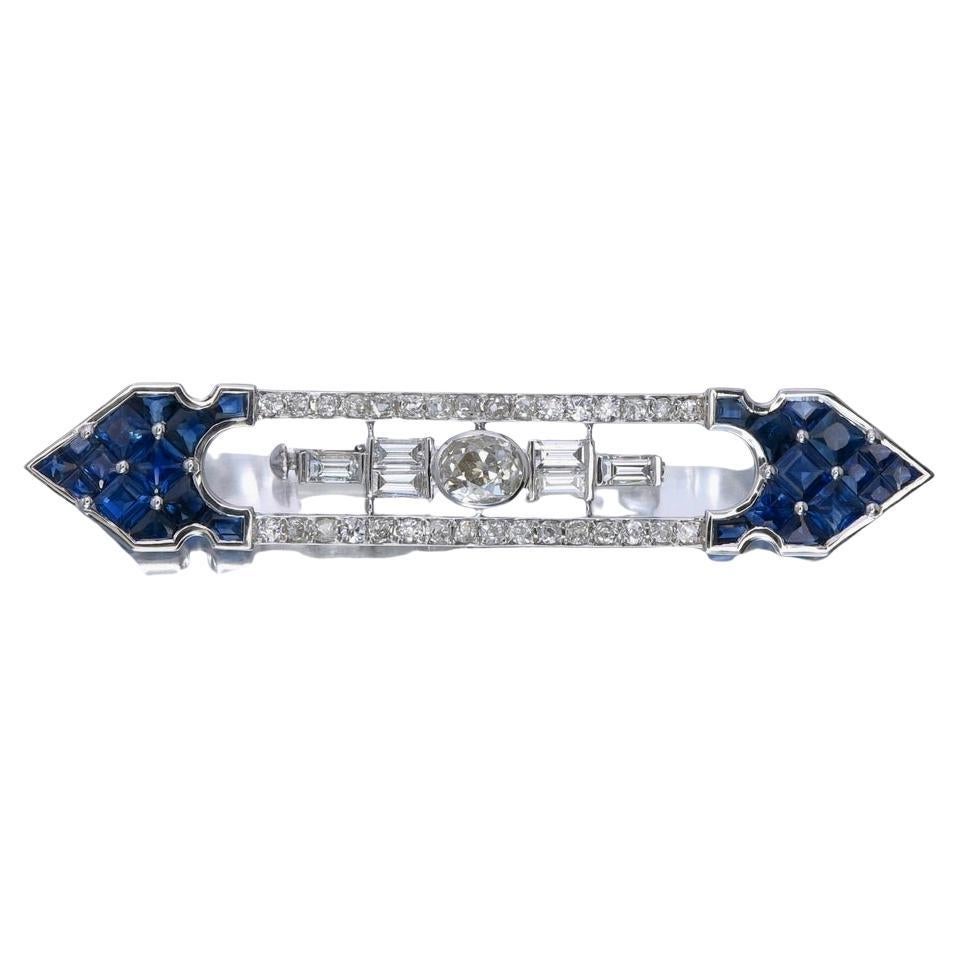 1.00 Carat Old Cut Diamond and Blue Sapphire Brooch in 18K Gold