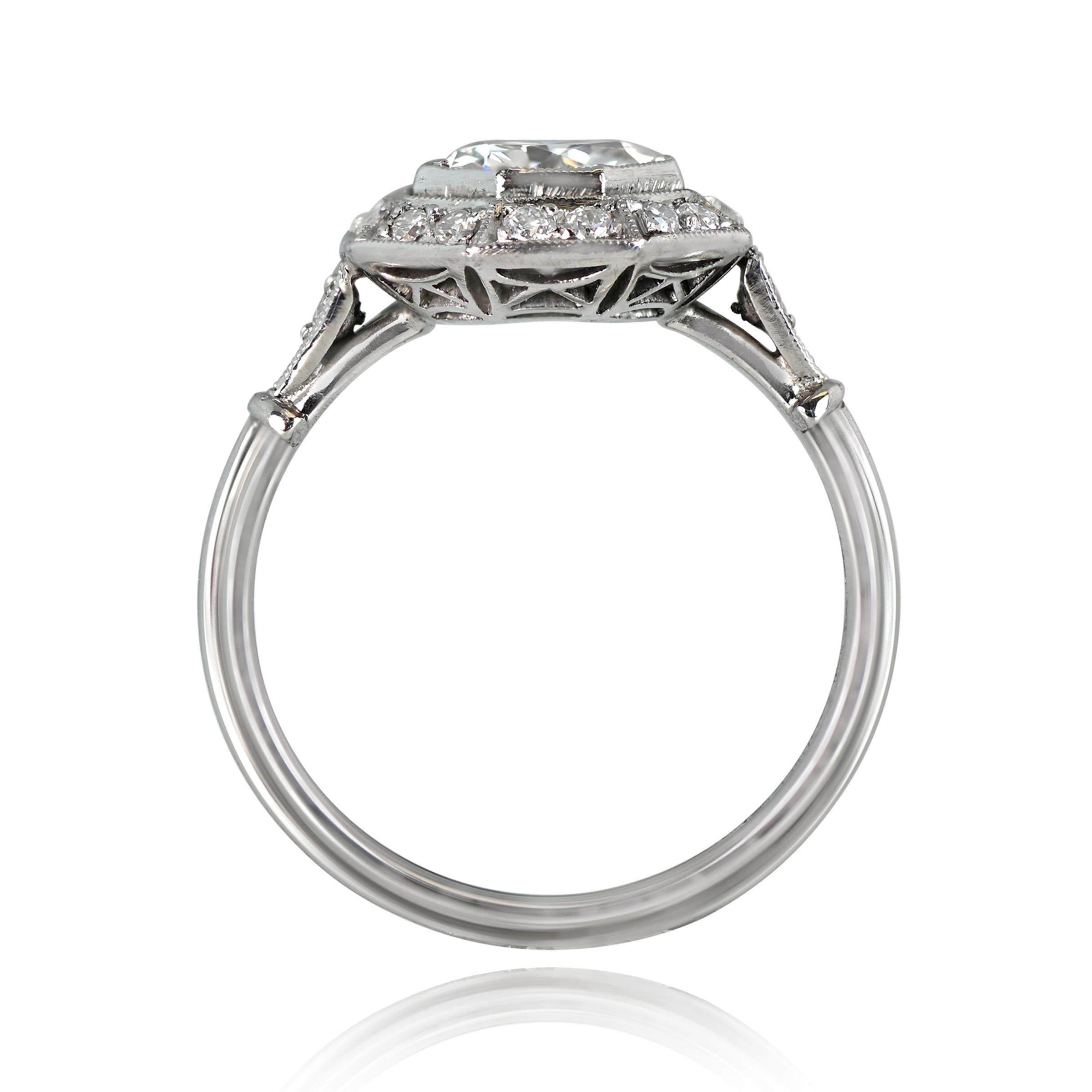 Old European Cut 1.00 Carat Old Euro-Cut Diamond Engagement Ring, H Color, Diamond Halo, Platinum For Sale