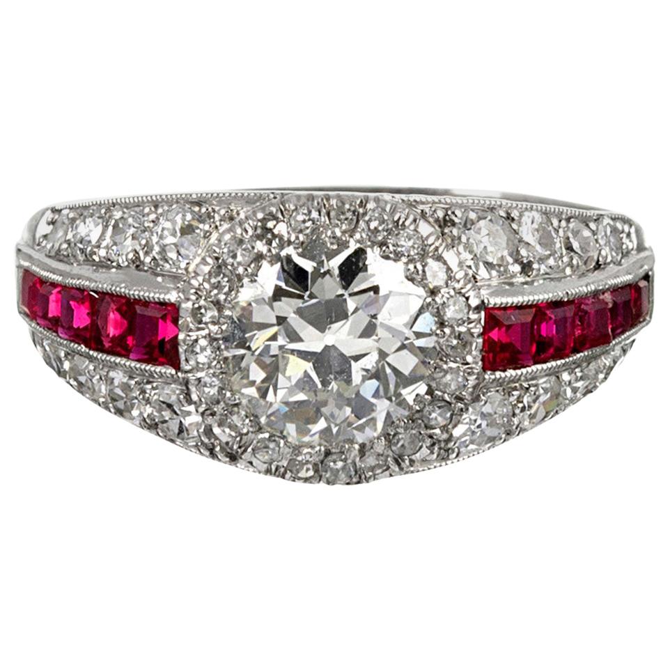 1.00 Carat Old European Cut Diamond and Ruby Ring