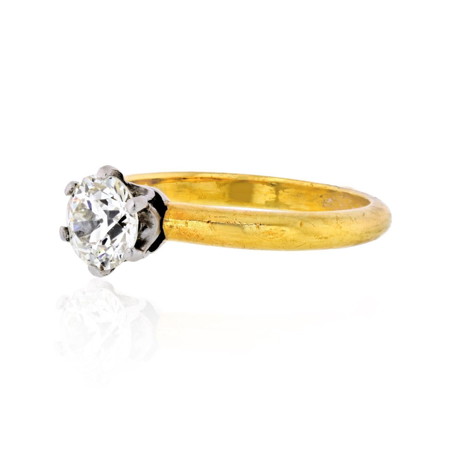 As unique as it is classic, this 18K yellow gold, Old European Cut diamond engagement ring is mounted with one antique Old European Cut diamond (1.00). It is elegantly set on a smooth round band. Size 6. 
Center diamond is of K color and VS1 clarity