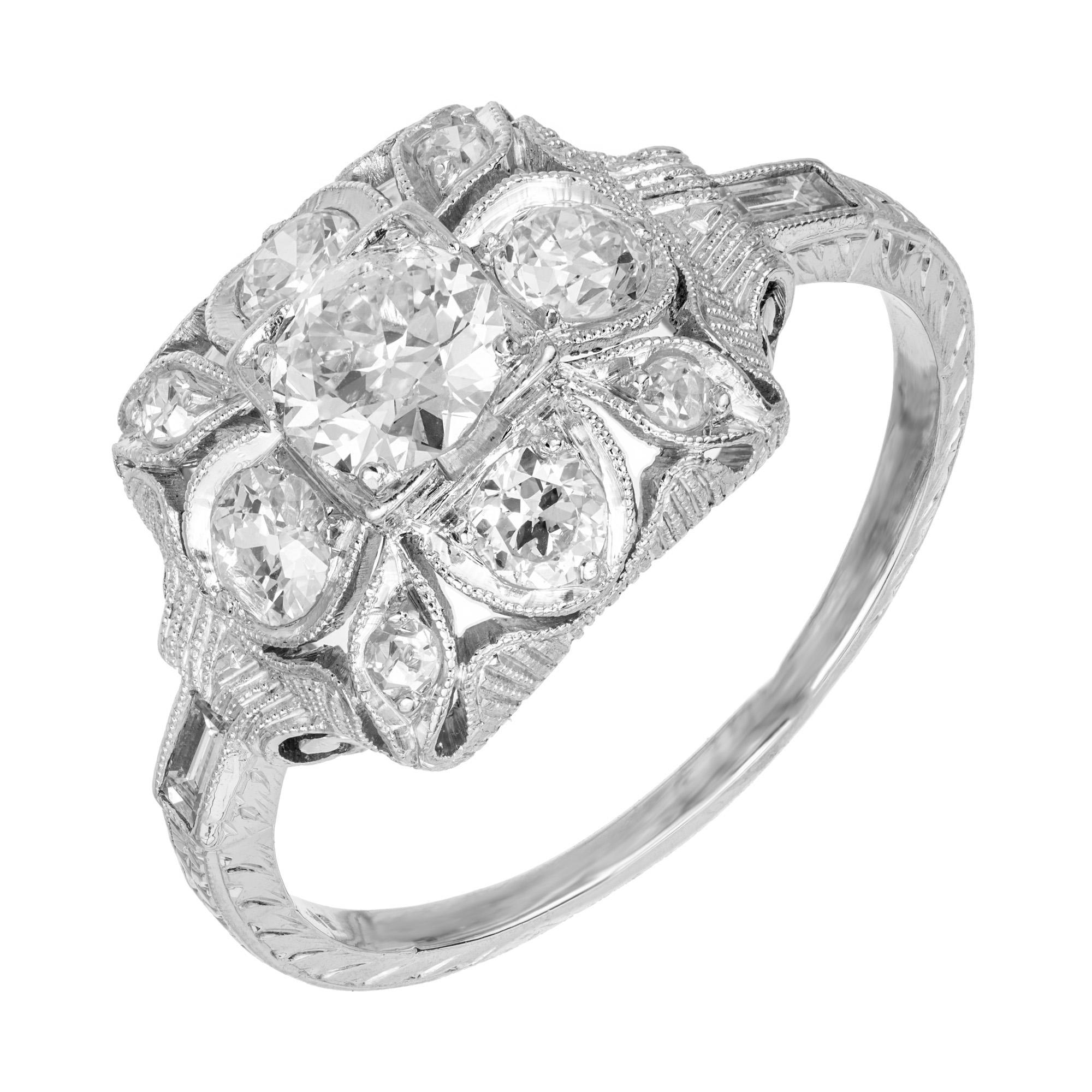1.00 Carat Old European Cut Diamond Platinum Pierced Antique Engagement Ring In Good Condition For Sale In Stamford, CT