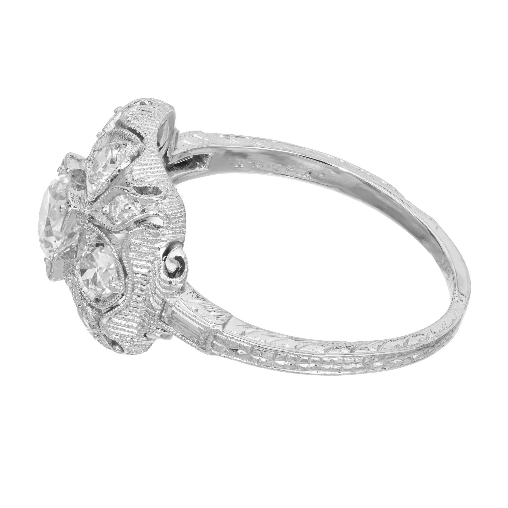 1.00 Carat Old European Cut Diamond Platinum Pierced Antique Engagement Ring For Sale 1