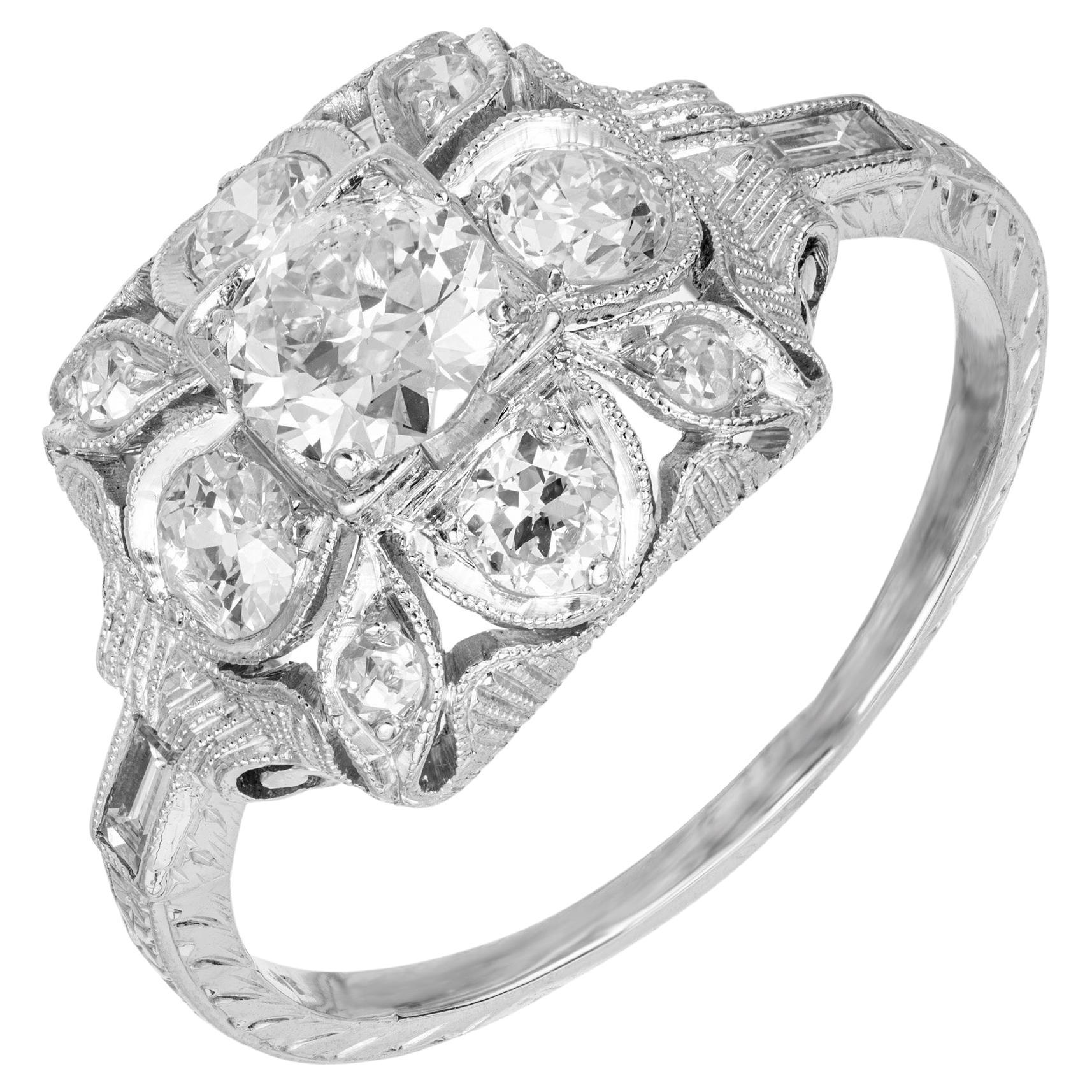 1.00 Carat Old European Cut Diamond Platinum Pierced Antique Engagement Ring For Sale
