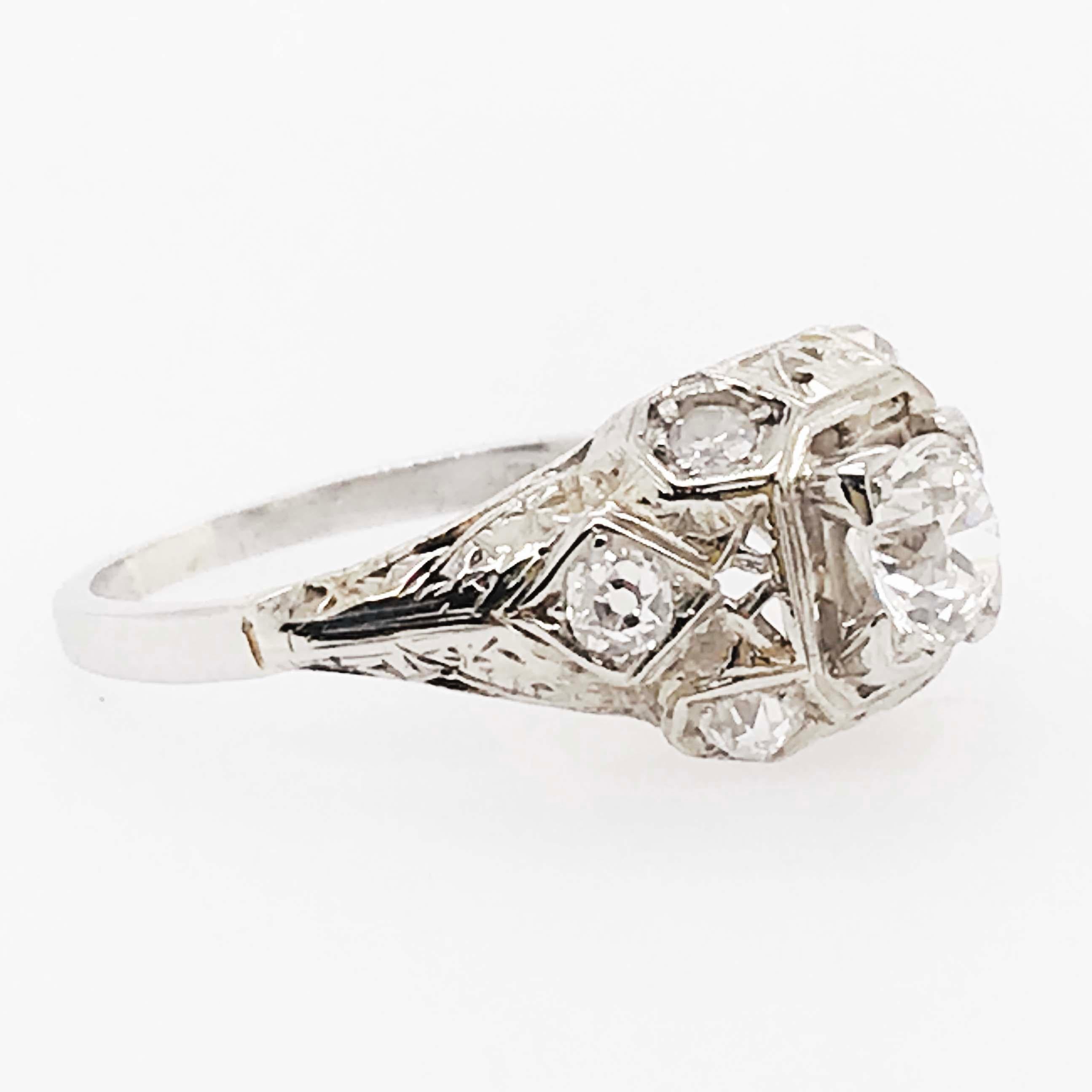 Diamond Platinum Ring, 1 Carat Old European Diamond and Mine Diamond, Art Deco 5