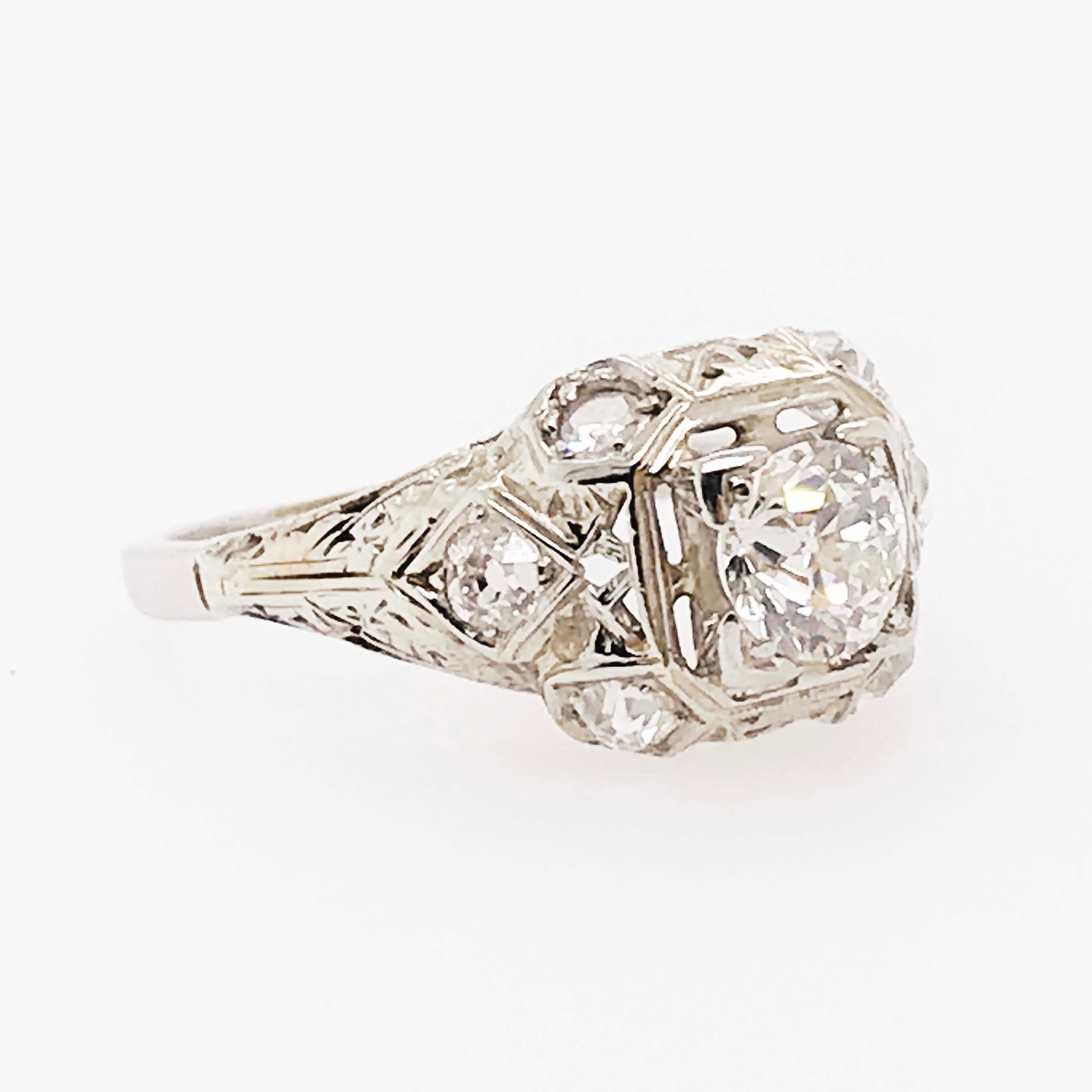 Diamond Platinum Ring, 1 Carat Old European Diamond and Mine Diamond, Art Deco 6