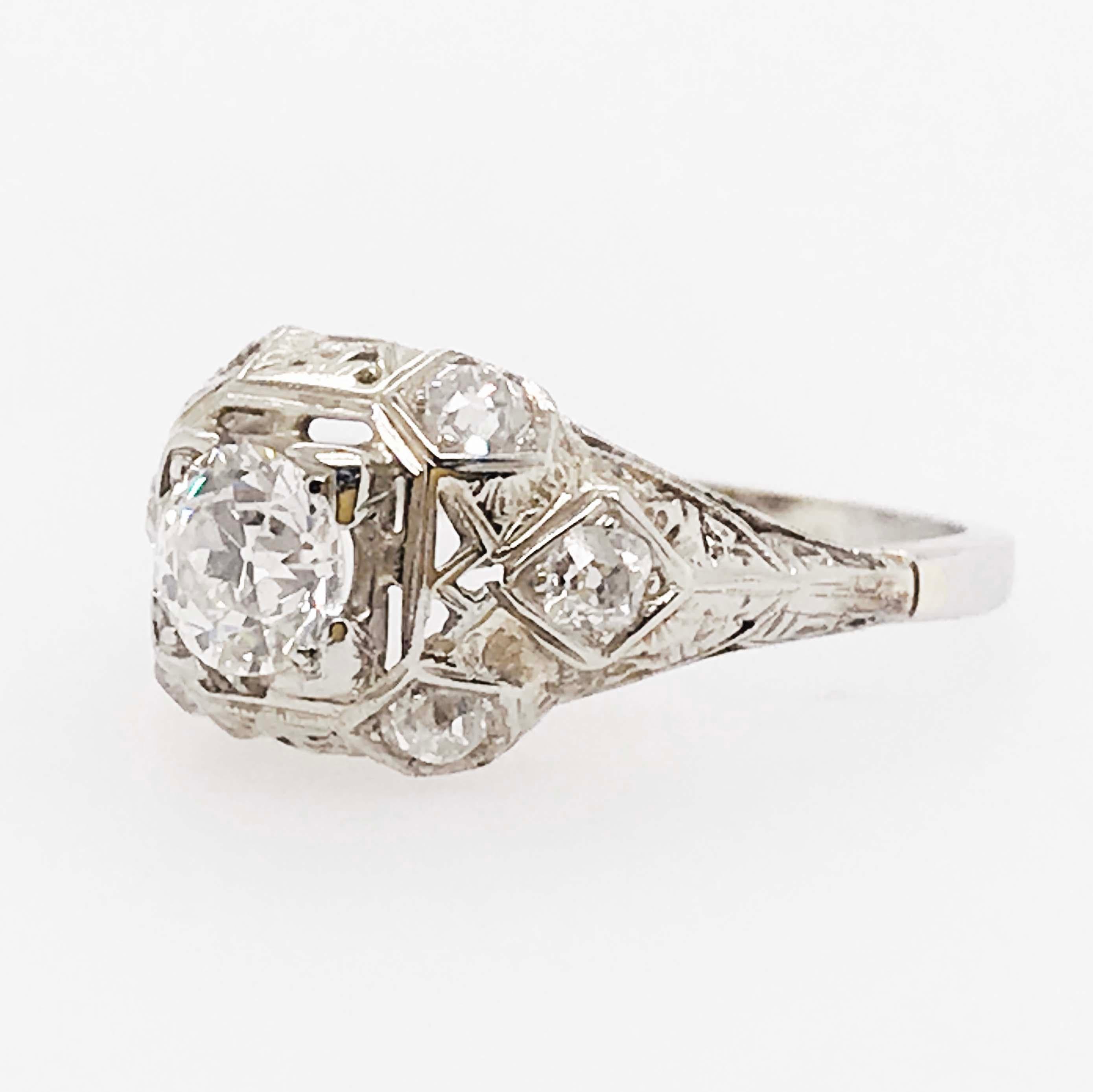 Old European Cut Diamond Platinum Ring, 1 Carat Old European Diamond and Mine Diamond, Art Deco