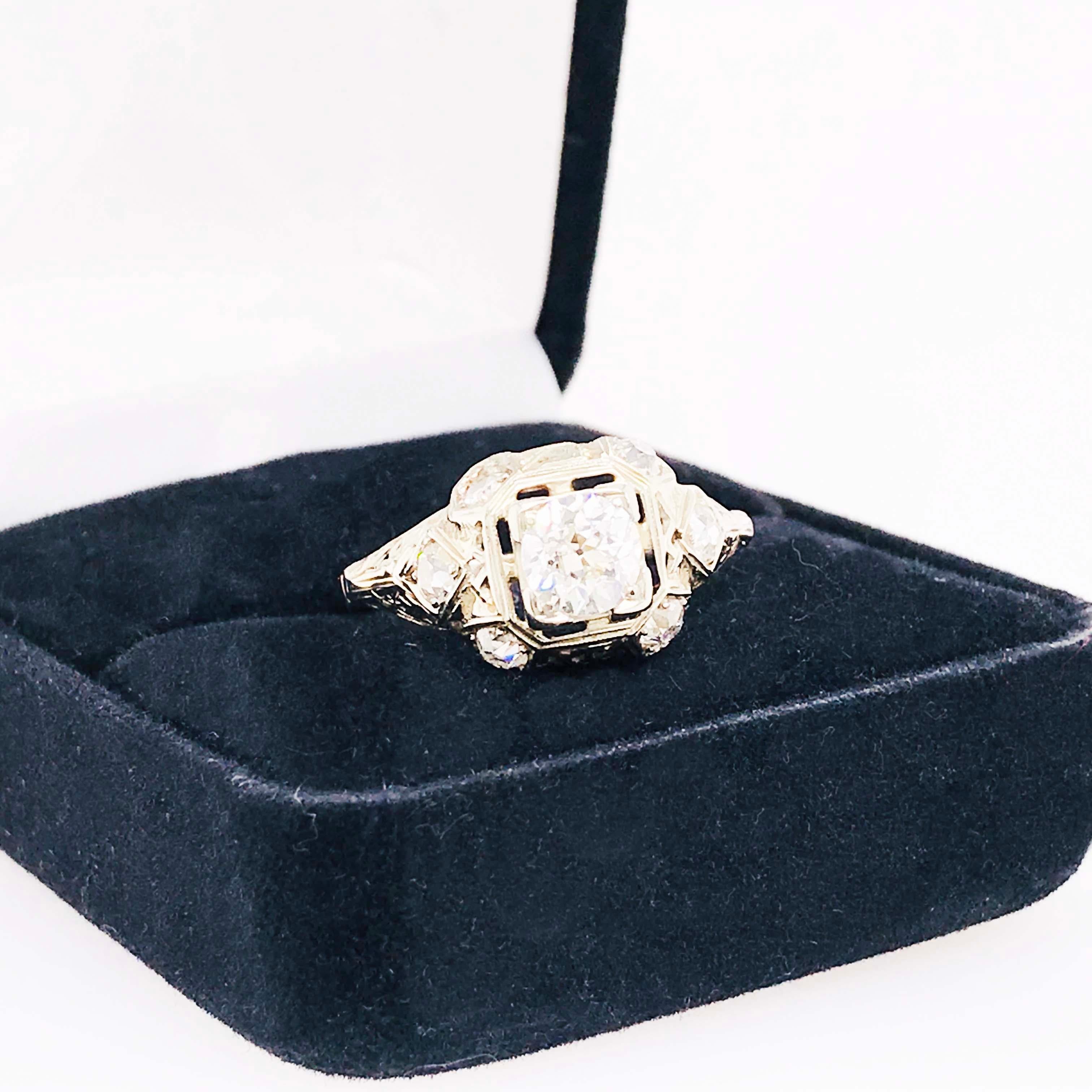 Diamond Platinum Ring, 1 Carat Old European Diamond and Mine Diamond, Art Deco In Excellent Condition In Austin, TX