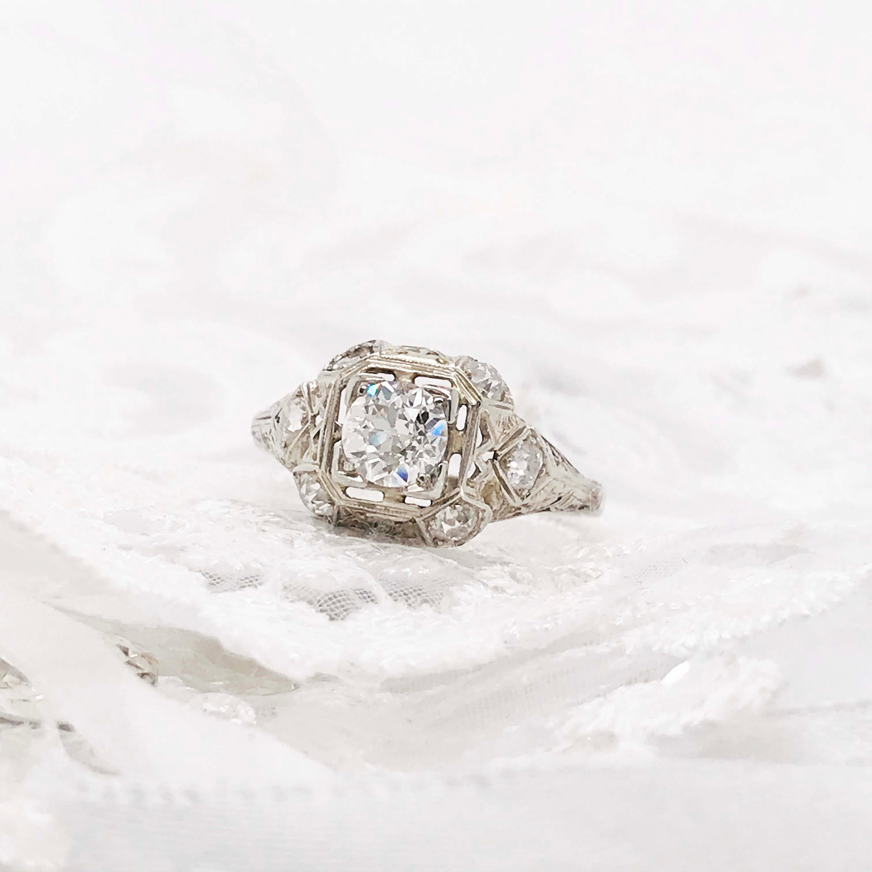 Women's Diamond Platinum Ring, 1 Carat Old European Diamond and Mine Diamond, Art Deco