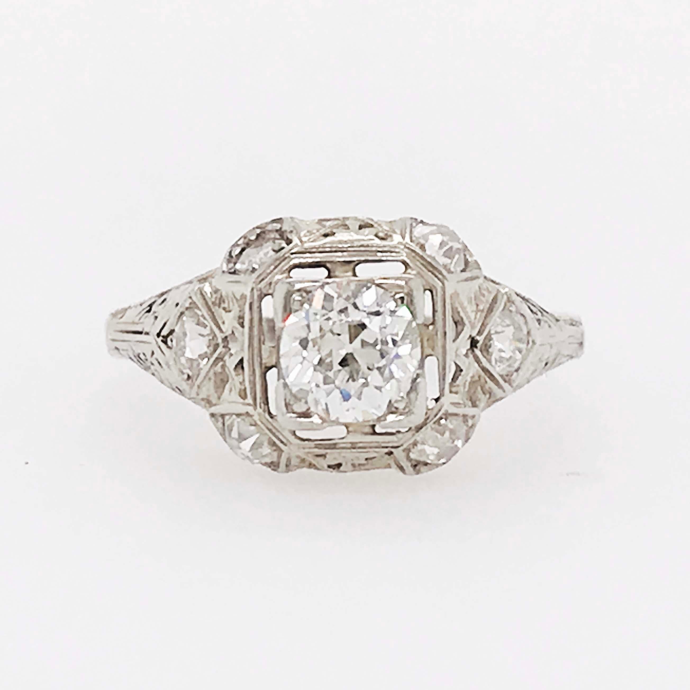 Diamond Platinum Ring, 1 Carat Old European Diamond and Mine Diamond, Art Deco 2