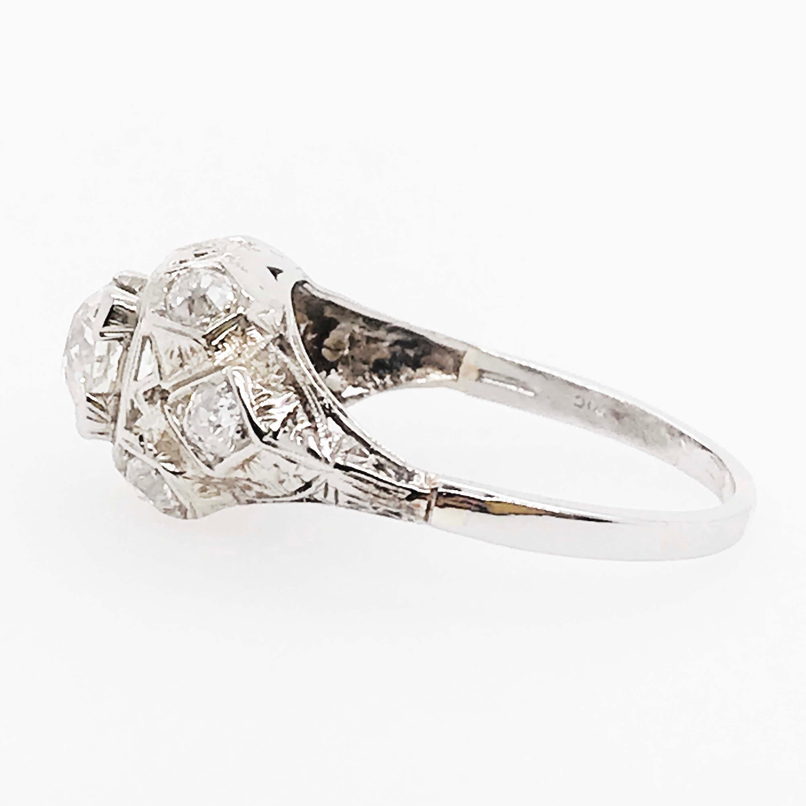 Diamond Platinum Ring, 1 Carat Old European Diamond and Mine Diamond, Art Deco 3