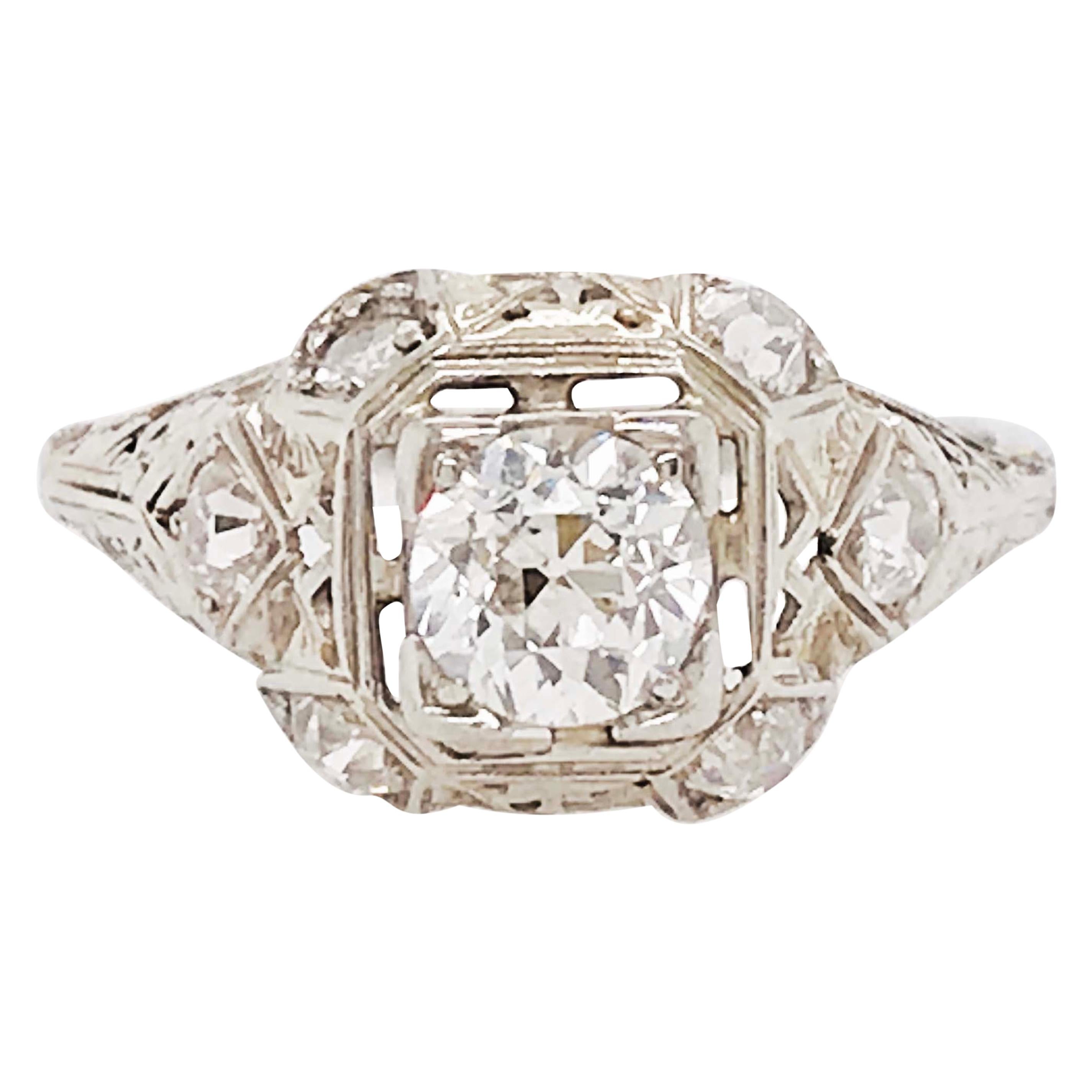 Diamond Platinum Ring, 1 Carat Old European Diamond and Mine Diamond, Art Deco