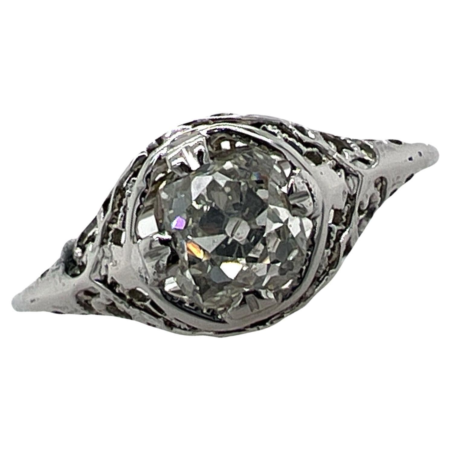 1.00 Carat Old Mine Cut Diamond Art Deco Engagment Ring 14K White Gold Gia J/SI2