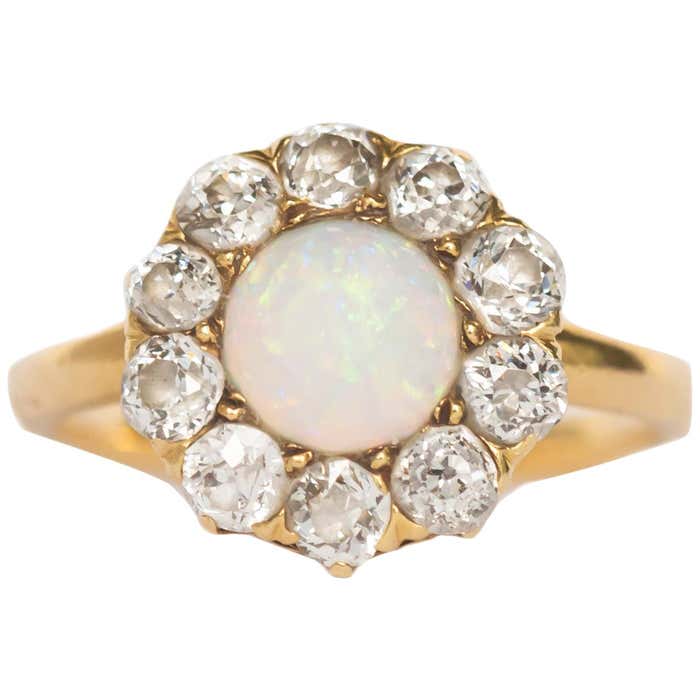 1.00 Carat Opal Yellow Gold Engagement Ring For Sale at 1stDibs