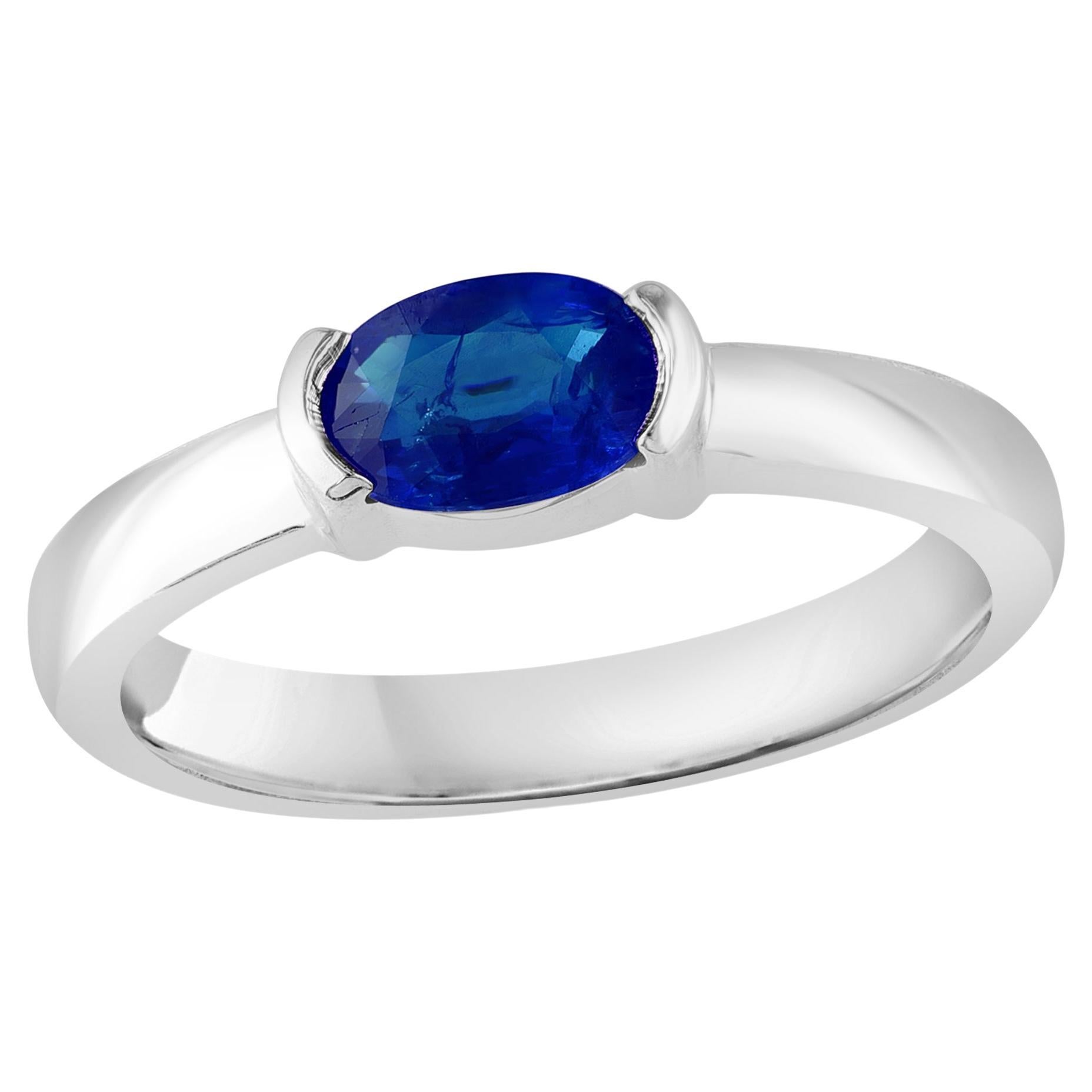 1.00 Carat Oval Cut Blue Sapphire Band Ring in 14K White Gold For Sale