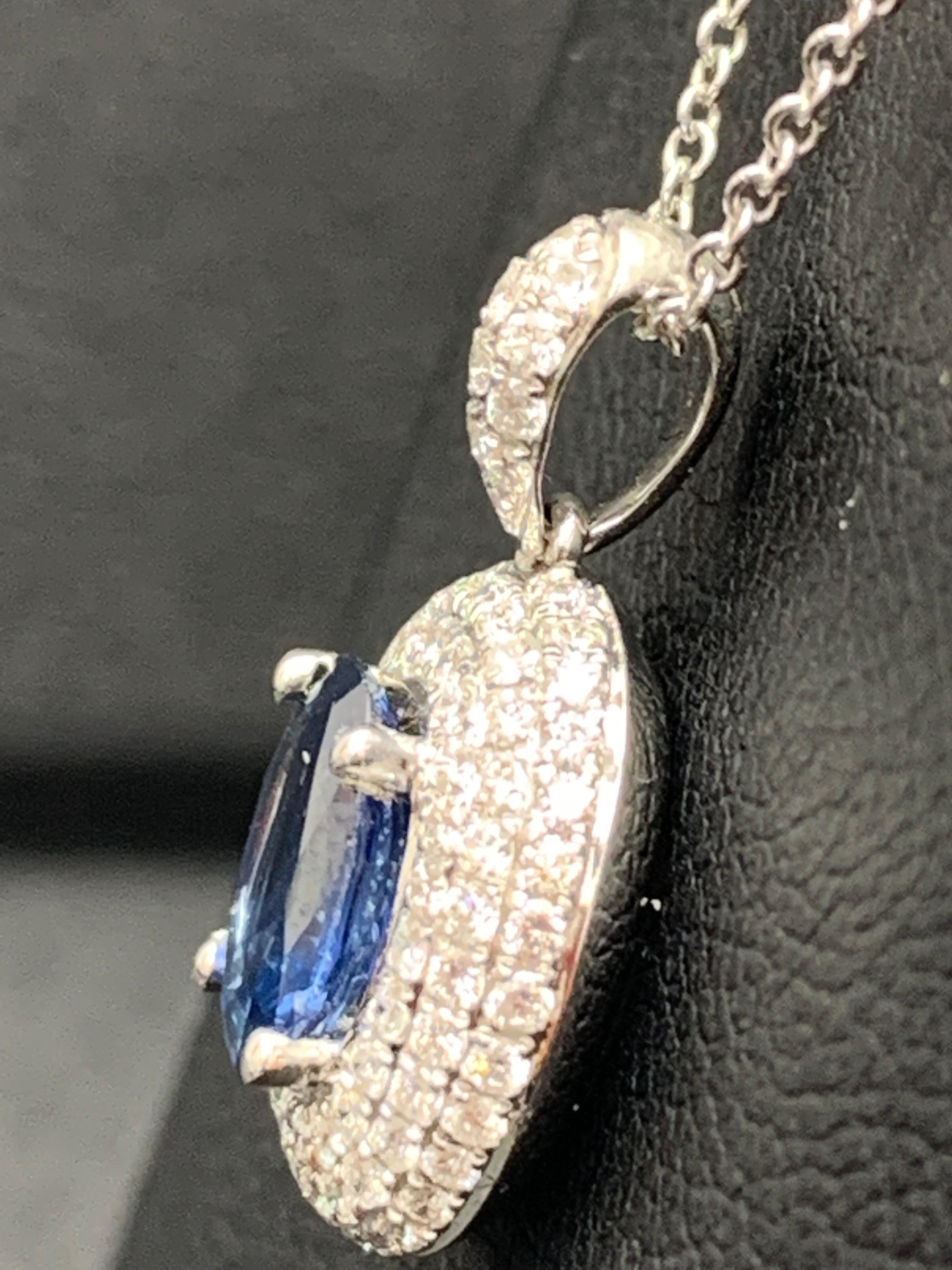 1.00 Carat Oval Cut Sapphire and Diamond Pendant in 18K White Gold For Sale 5
