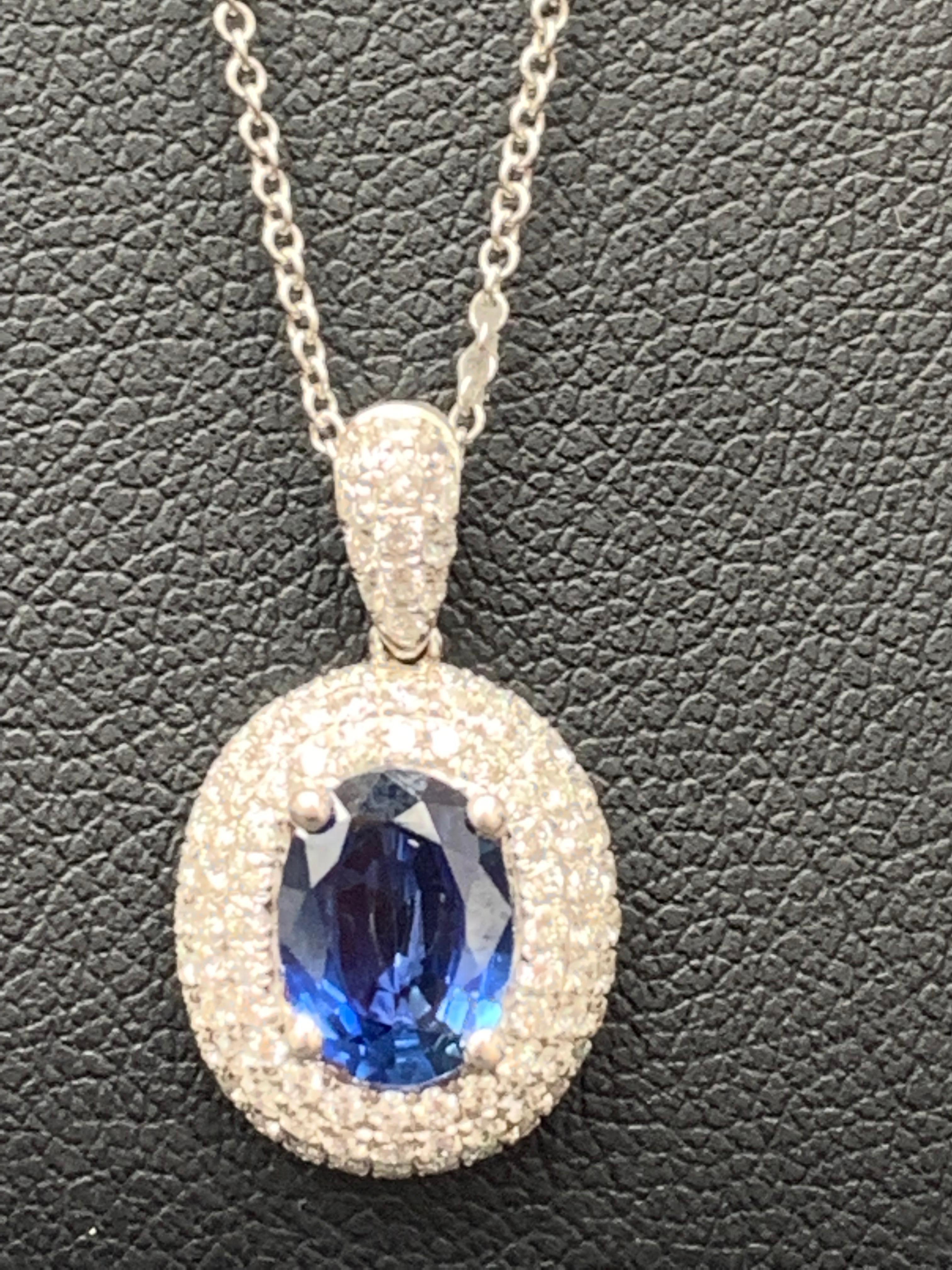 1.00 Carat Oval Cut Sapphire and Diamond Pendant in 18K White Gold For Sale 4